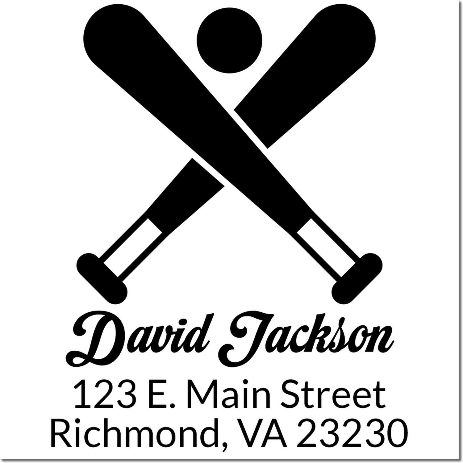 Custom personalized address rubber stamp with crossed bats icon, name, and Richmond, VA address.