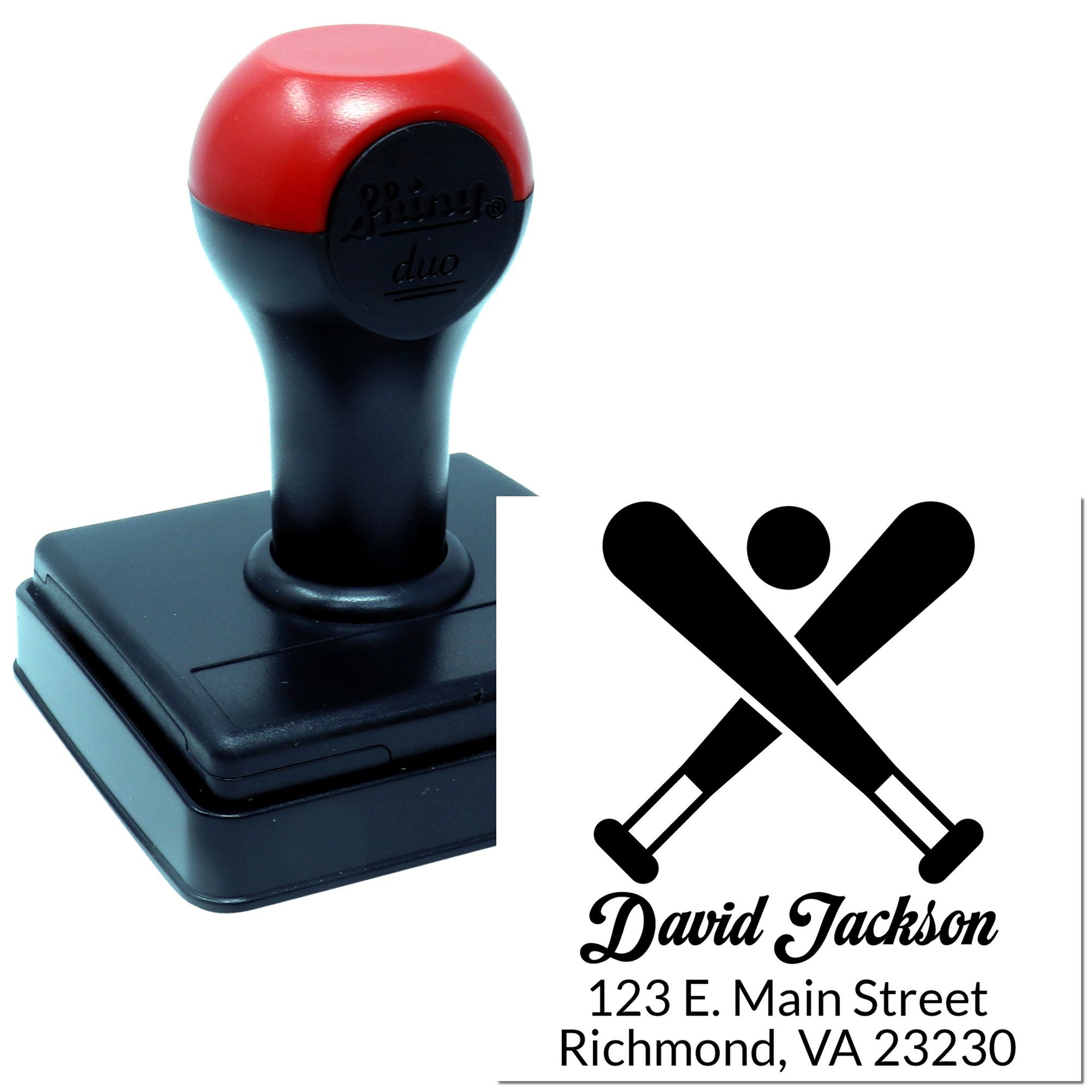 Custom rubber stamp with crossed tennis rackets, David Jackson name, and Richmond, VA address for personalized mailing.