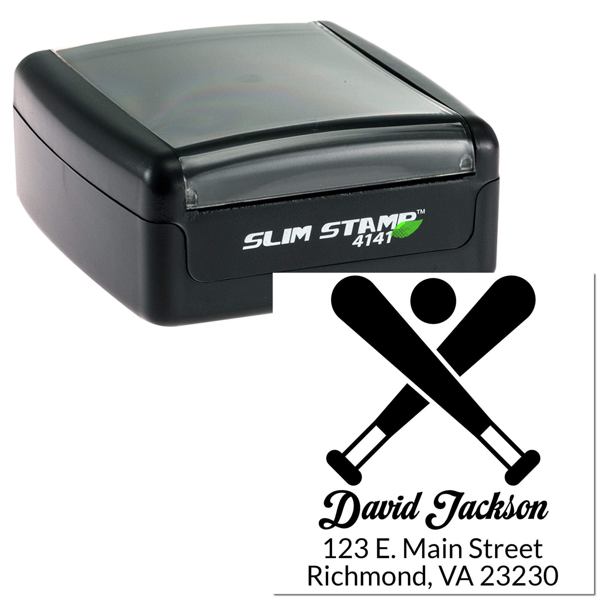 Custom self-inking rubber return address stamp with name, logo and Richmond, VA address for personalized mail.