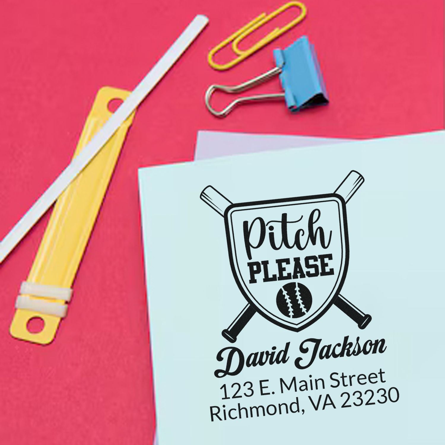 Personalized baseball return address rubber stamp on envelope with name, address, and Pitch Please design