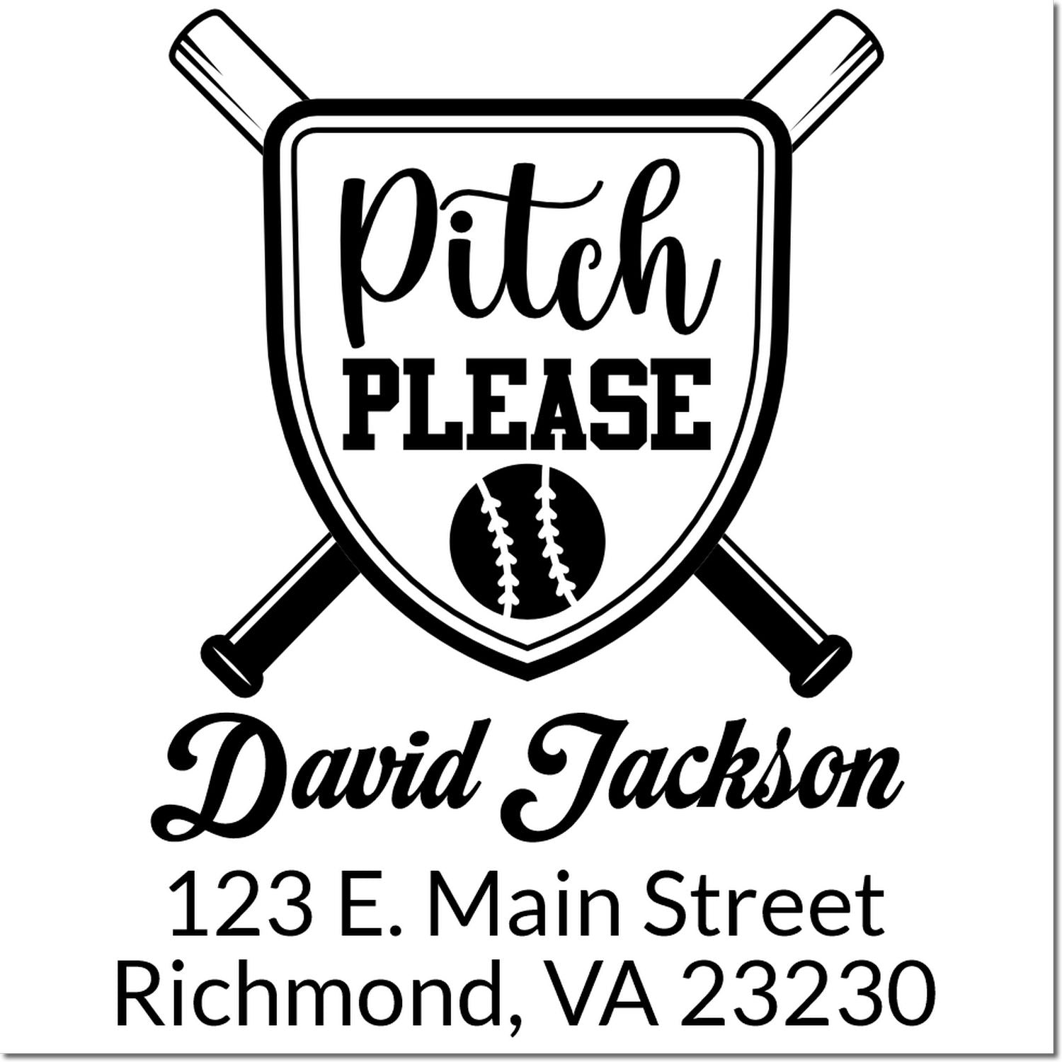Custom Pitch Please baseball rubber stamp with David Jackson and Richmond, VA address.