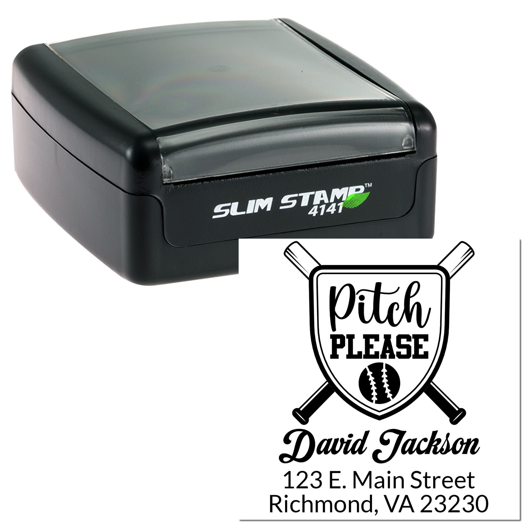 Custom self-inking rubber stamp for baseball coach, featuring Pitch Please logo, name, and address on Slim Stamp 4141.