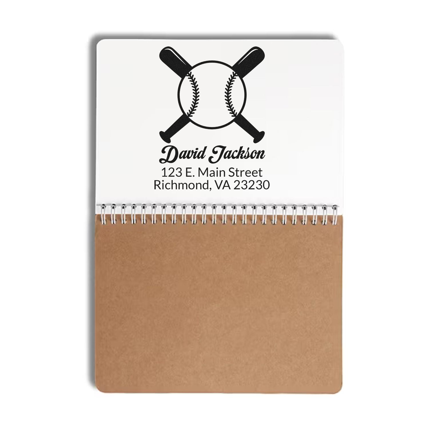 Custom baseball rubber stamp with crossed bats and baseball, personalized for David Jackson, Richmond, VA address.
