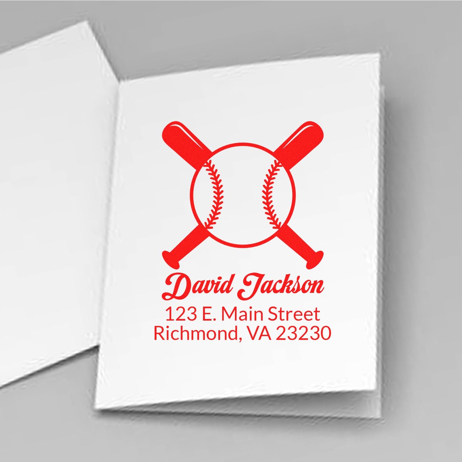 Personalized baseball rubber stamp with bats and ball logo, David Jackson name, and Richmond, VA return address.