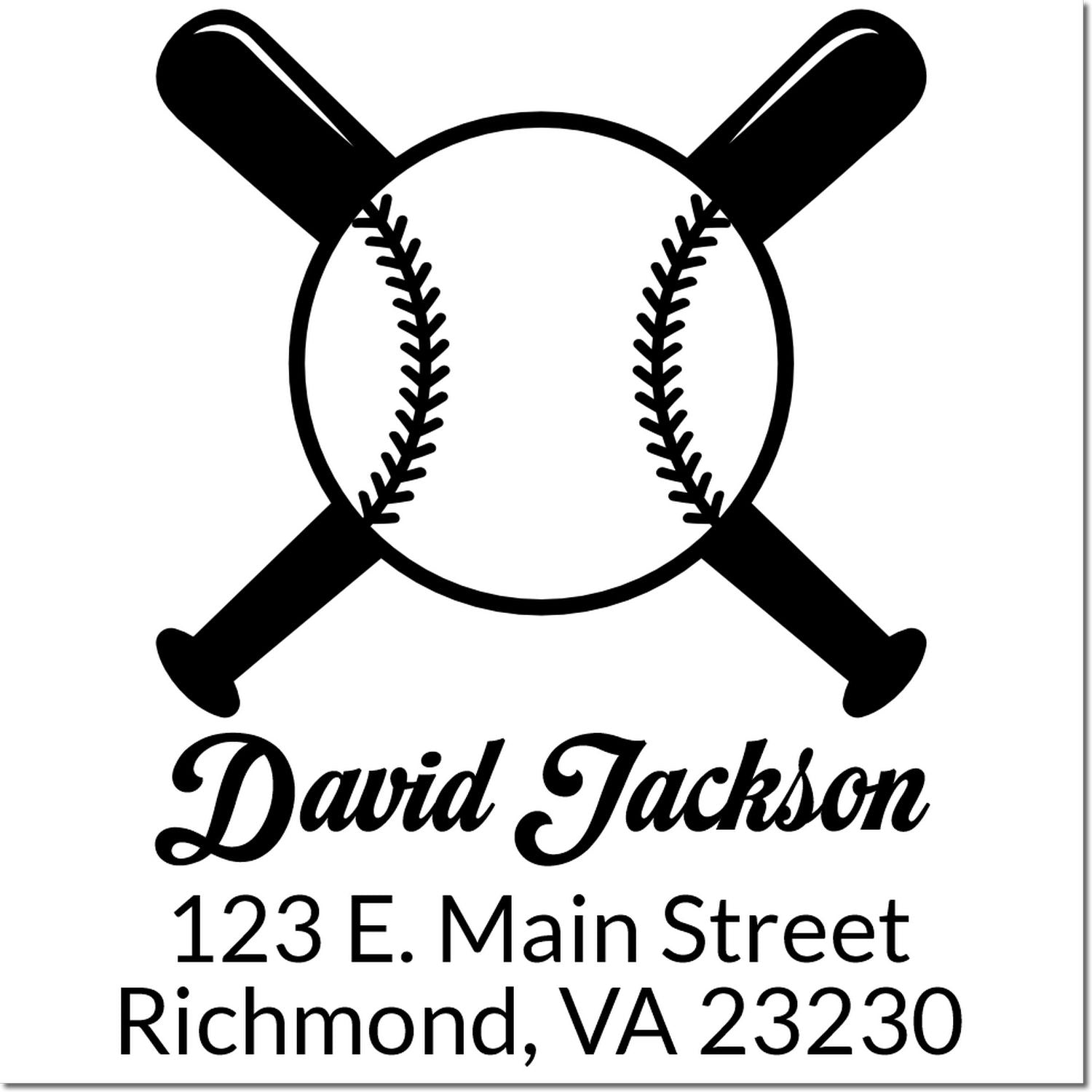 Custom baseball return address rubber stamp with crossed bats and baseball, David Jackson, 123 E. Main Street, Richmond, VA 23230
