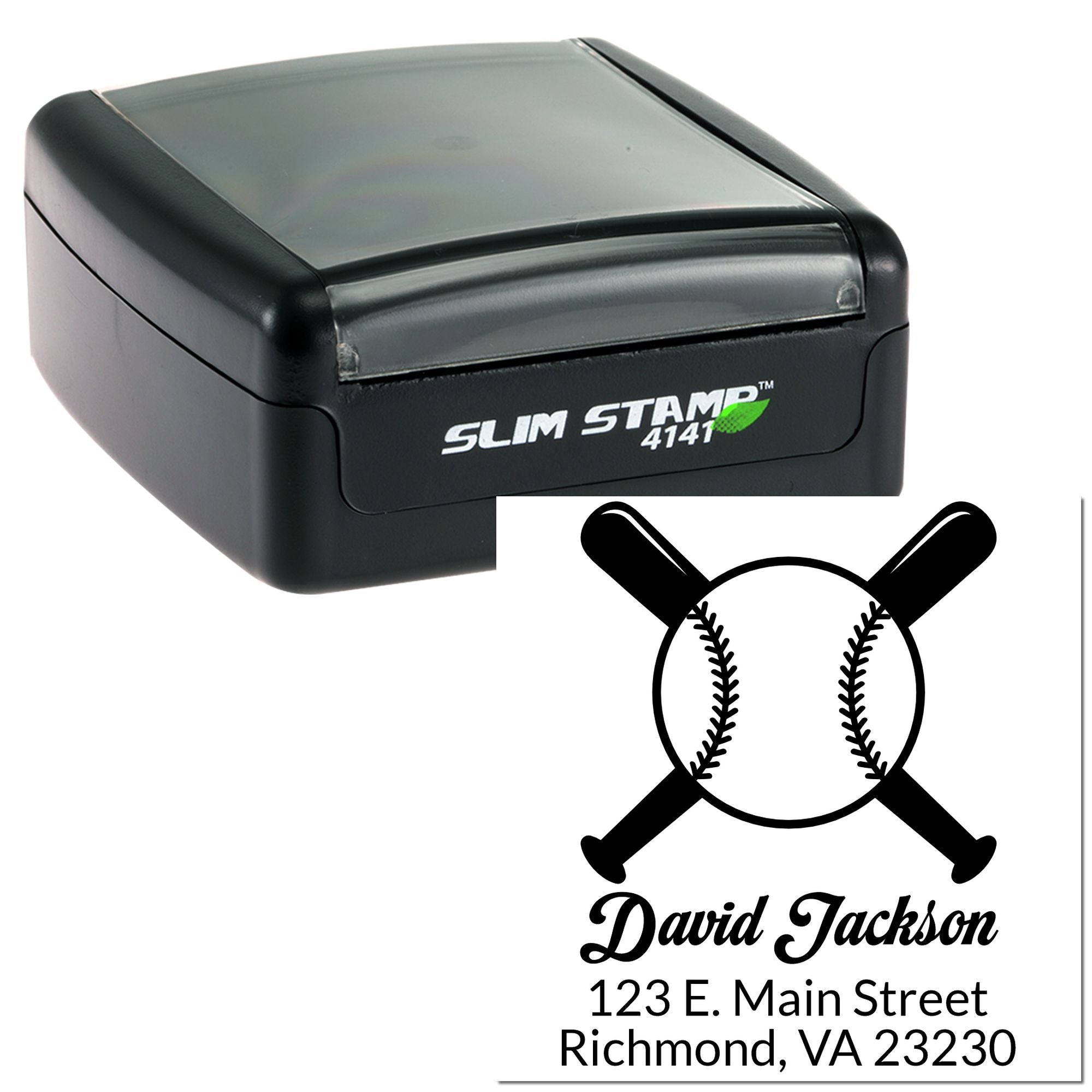 Custom self-inking rubber stamp with baseball logo, name, and address for personalized mailing and sports-themed branding.