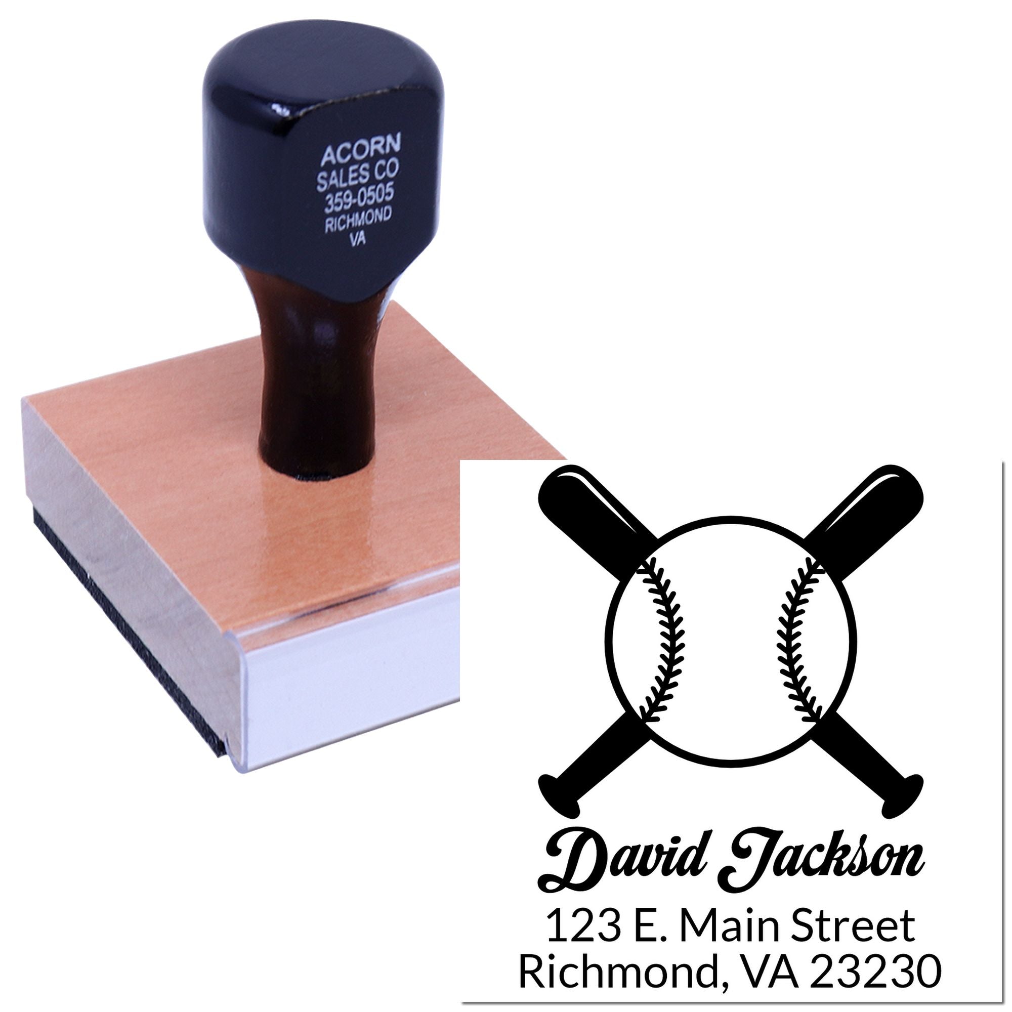 Custom rubber address stamp with baseball logo and name, showing personalized business imprint for mail, branding, and packaging.