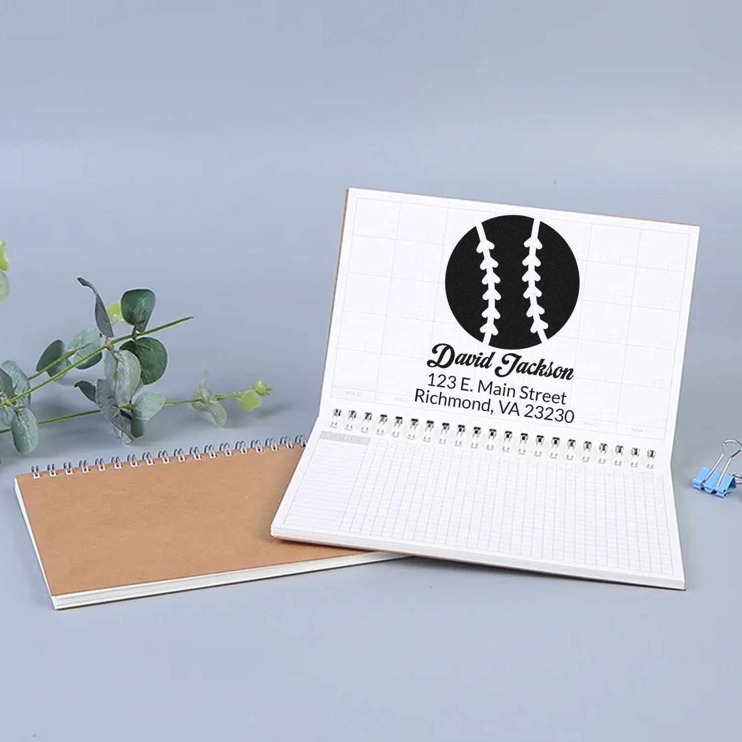 Personalized baseball address rubber stamp with name and mailing address for custom stationery and business branding.