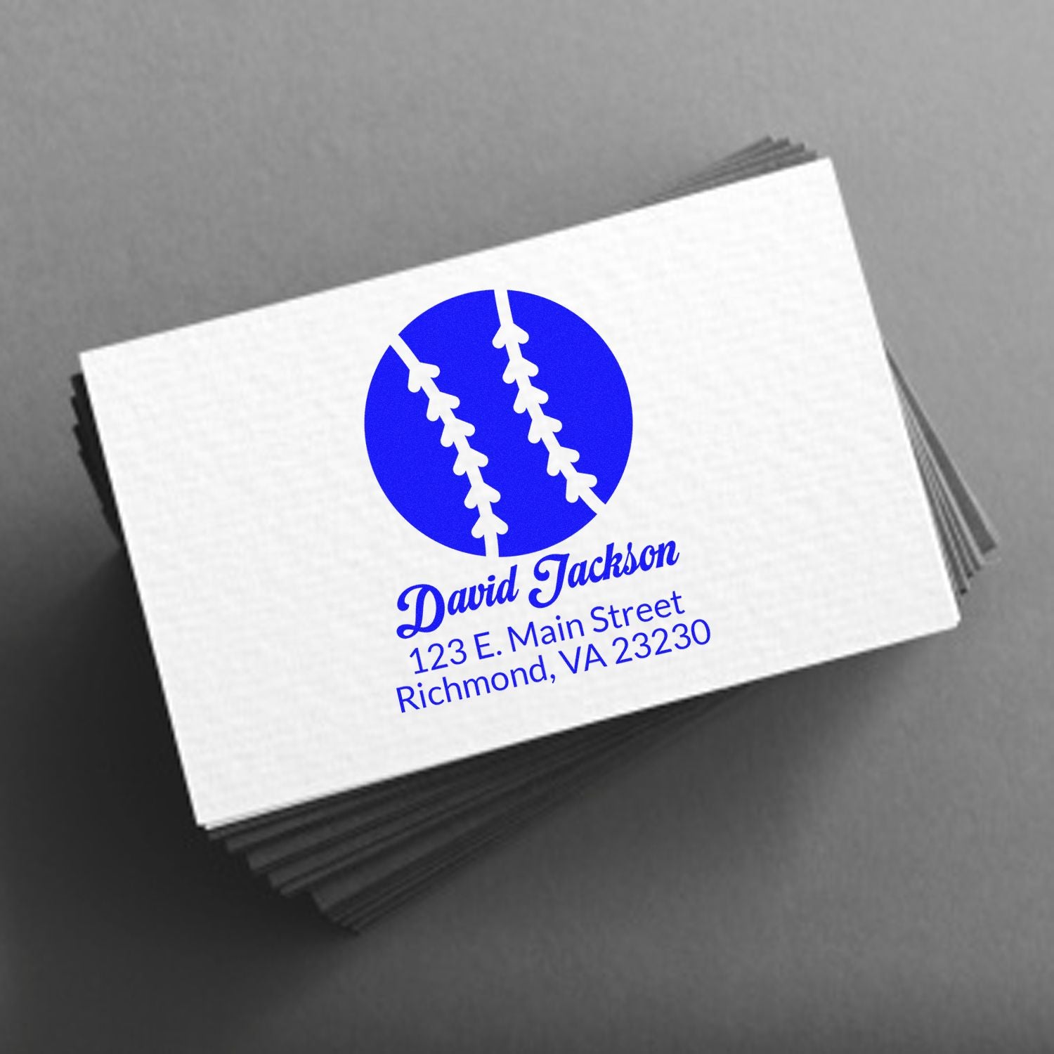Personalized baseball rubber stamp design with name and address, featuring a blue baseball logo for business or mailing use.