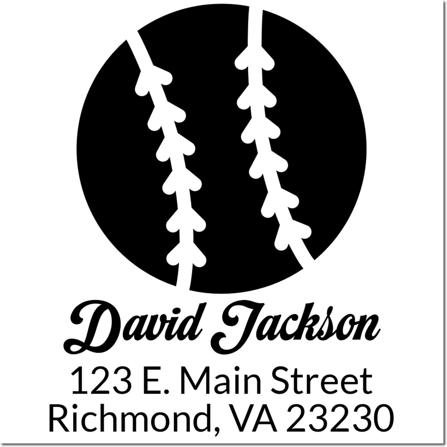 Custom address rubber stamp with David Jackson name, 123 E. Main Street, Richmond, VA 23230, and circular monogram logo