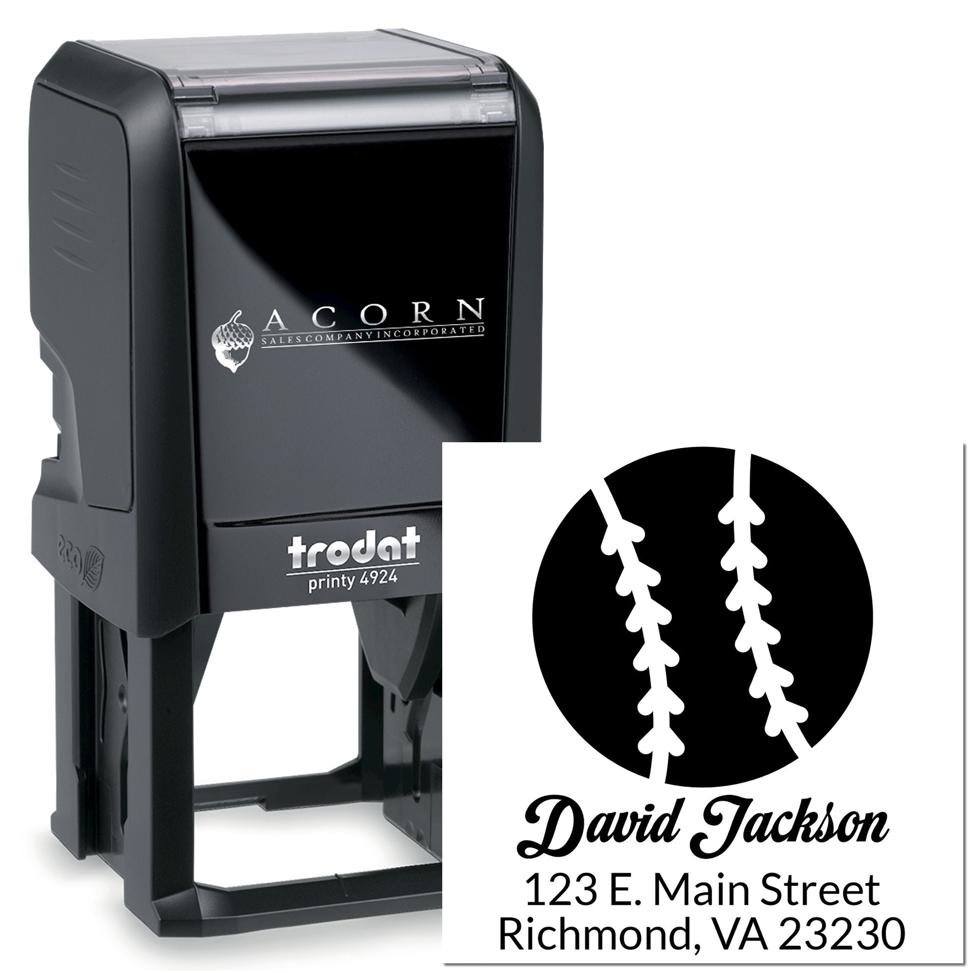Custom self-inking rubber address stamp with baseball logo, name, and Richmond, VA return address for envelopes.