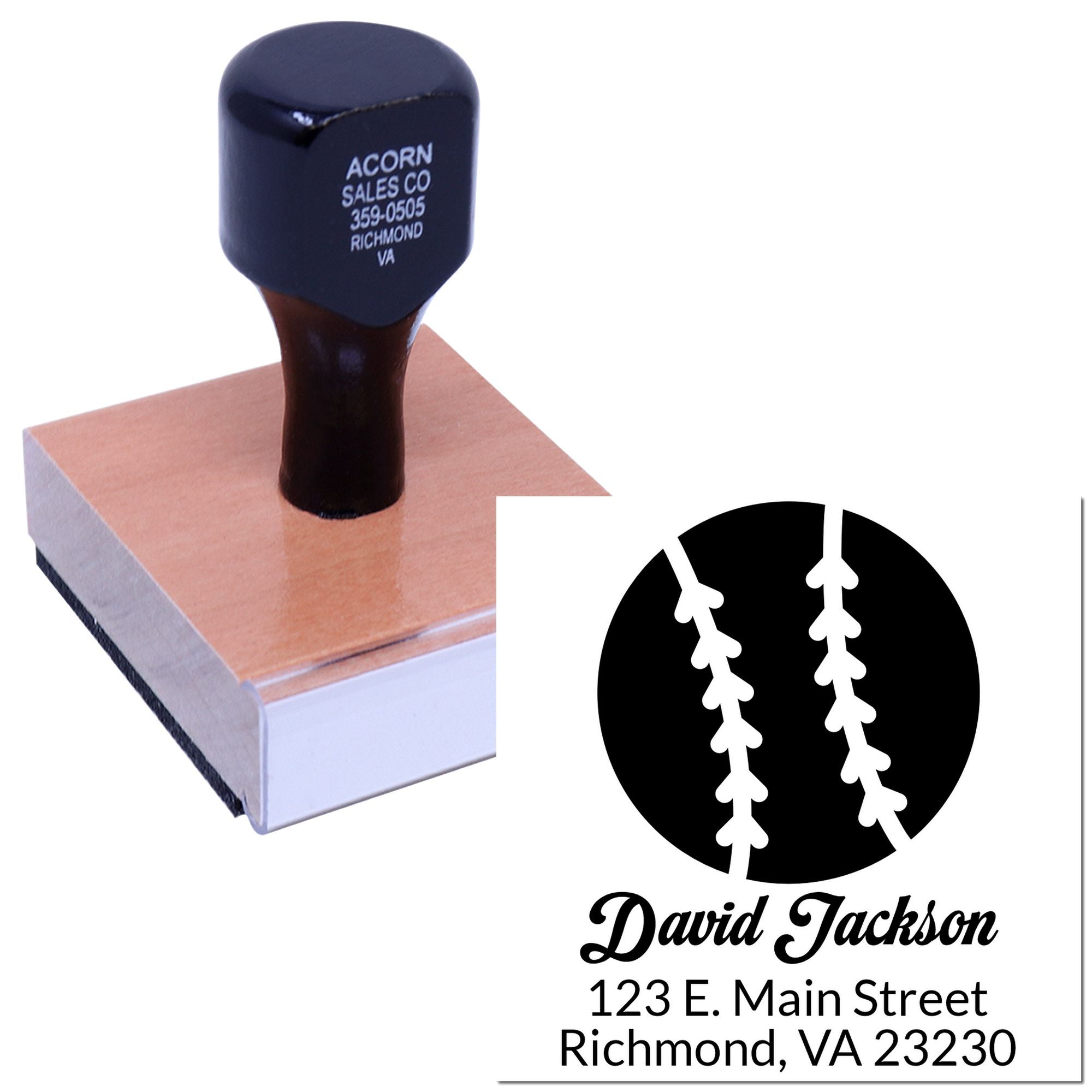 Custom baseball rubber stamp with name and address for personalized return address and branding.