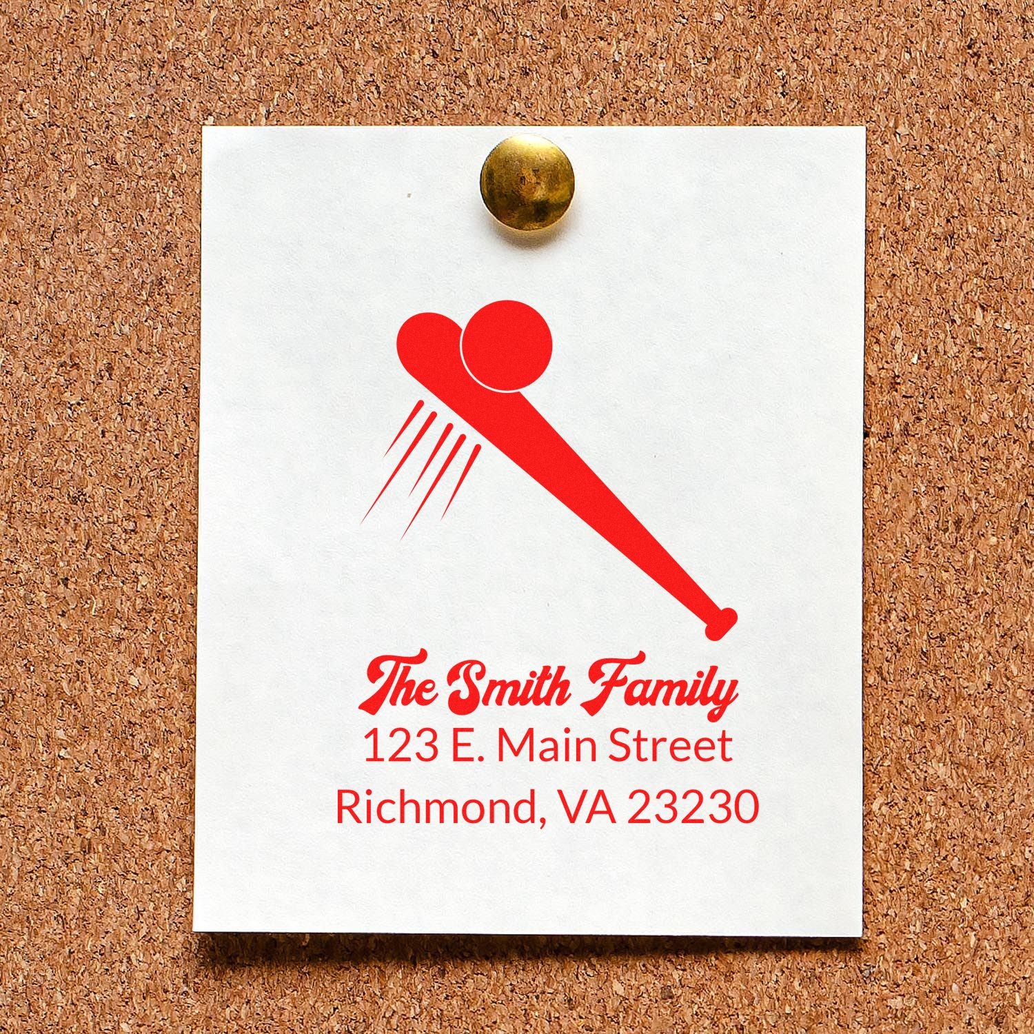 Custom return address rubber stamp for The Smith Family, Richmond, VA, with red logo and mailing address.