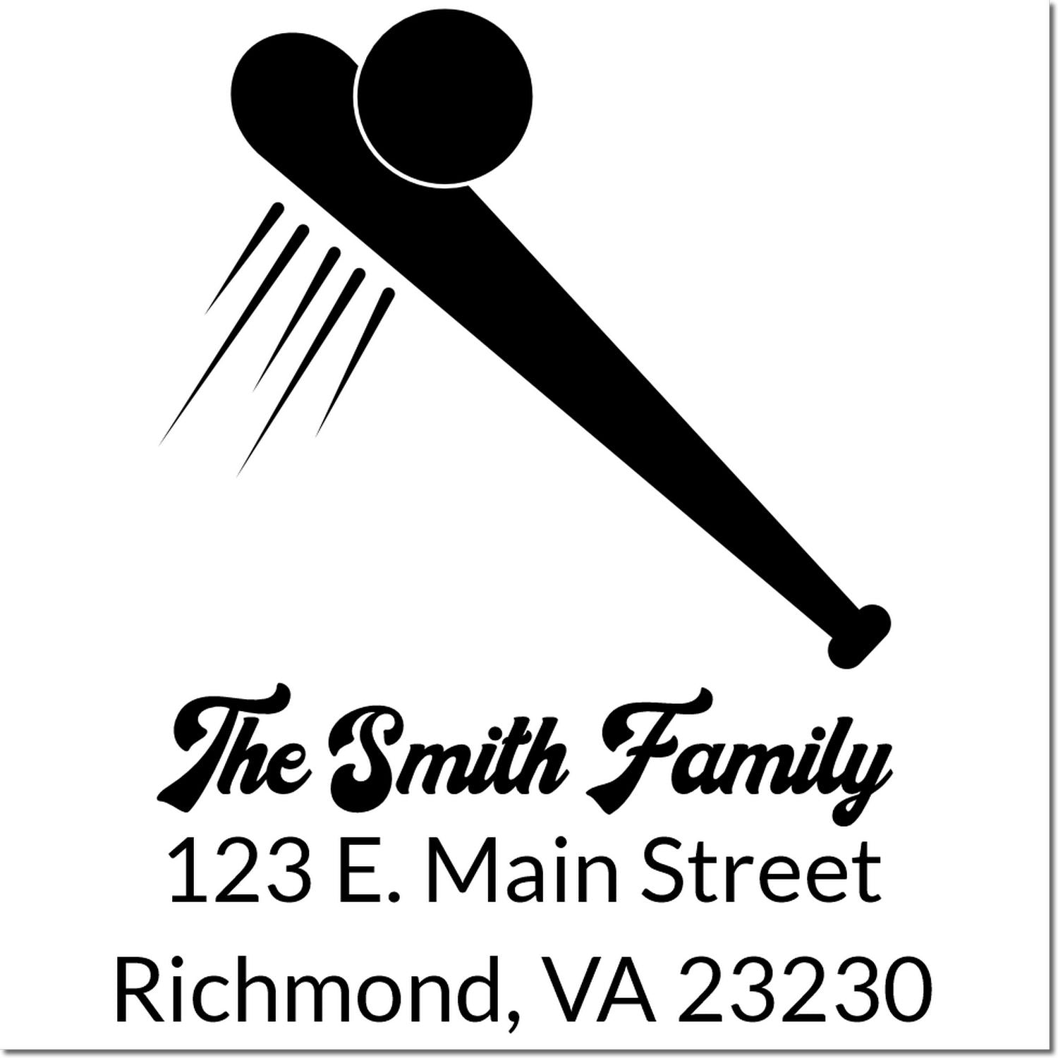 Custom family address rubber stamp with golf club logo, The Smith Family, 123 E. Main Street, Richmond, VA 23230.