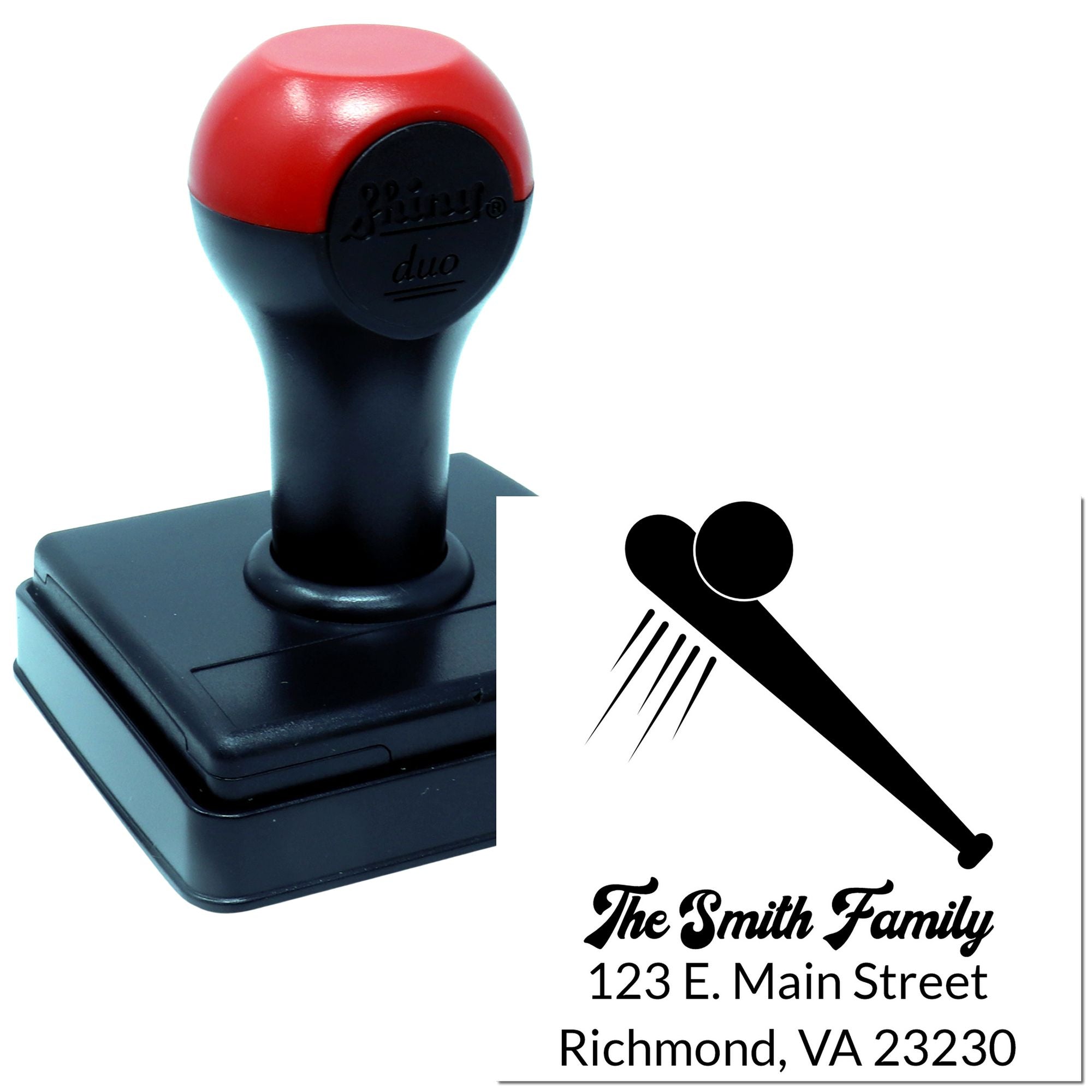 Personalized self-inking rubber address stamp with family name logo and Richmond, VA 23230 mailing address.