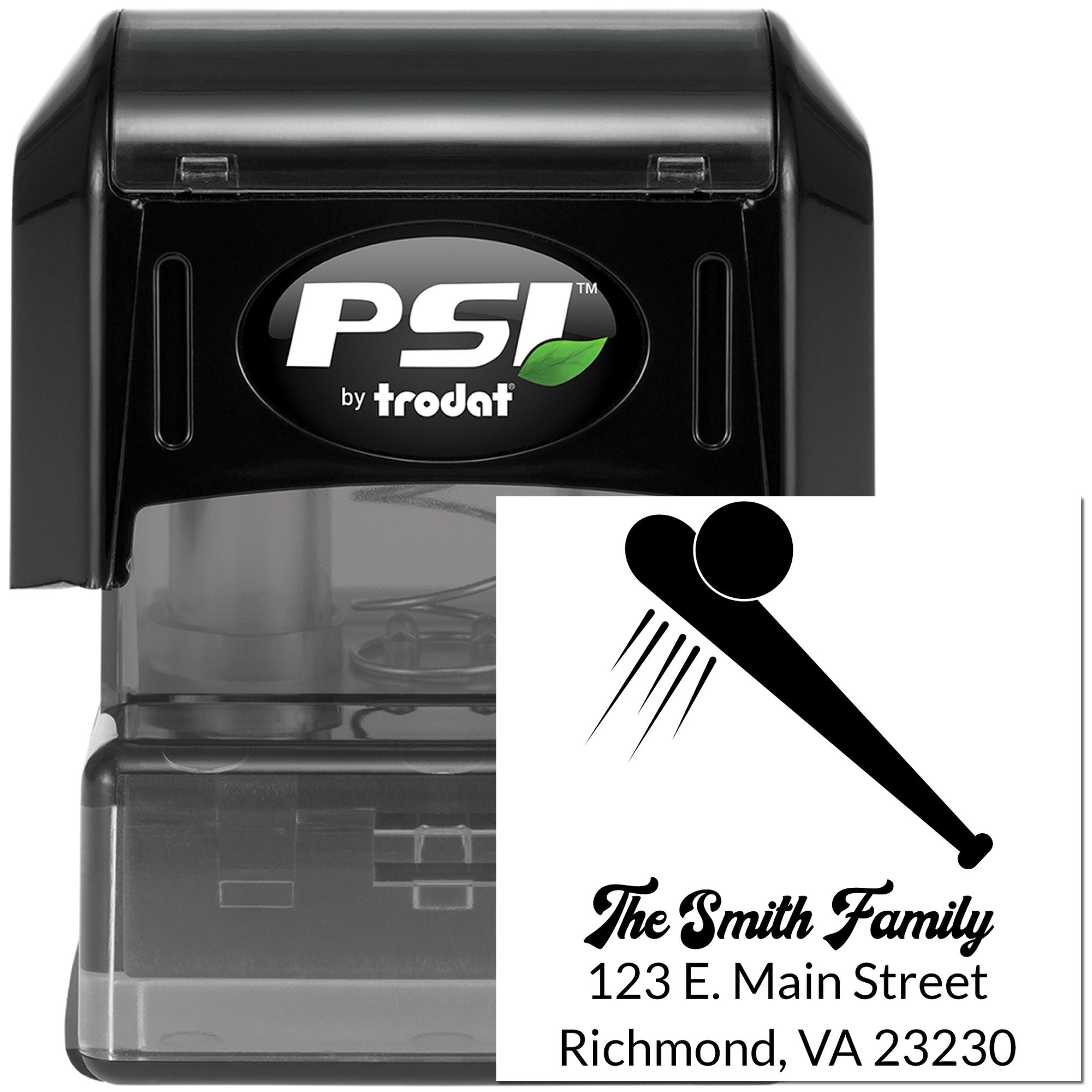 Custom self-inking rubber address stamp by PSI Trodat with golfer design and The Smith Family return address for mailing.