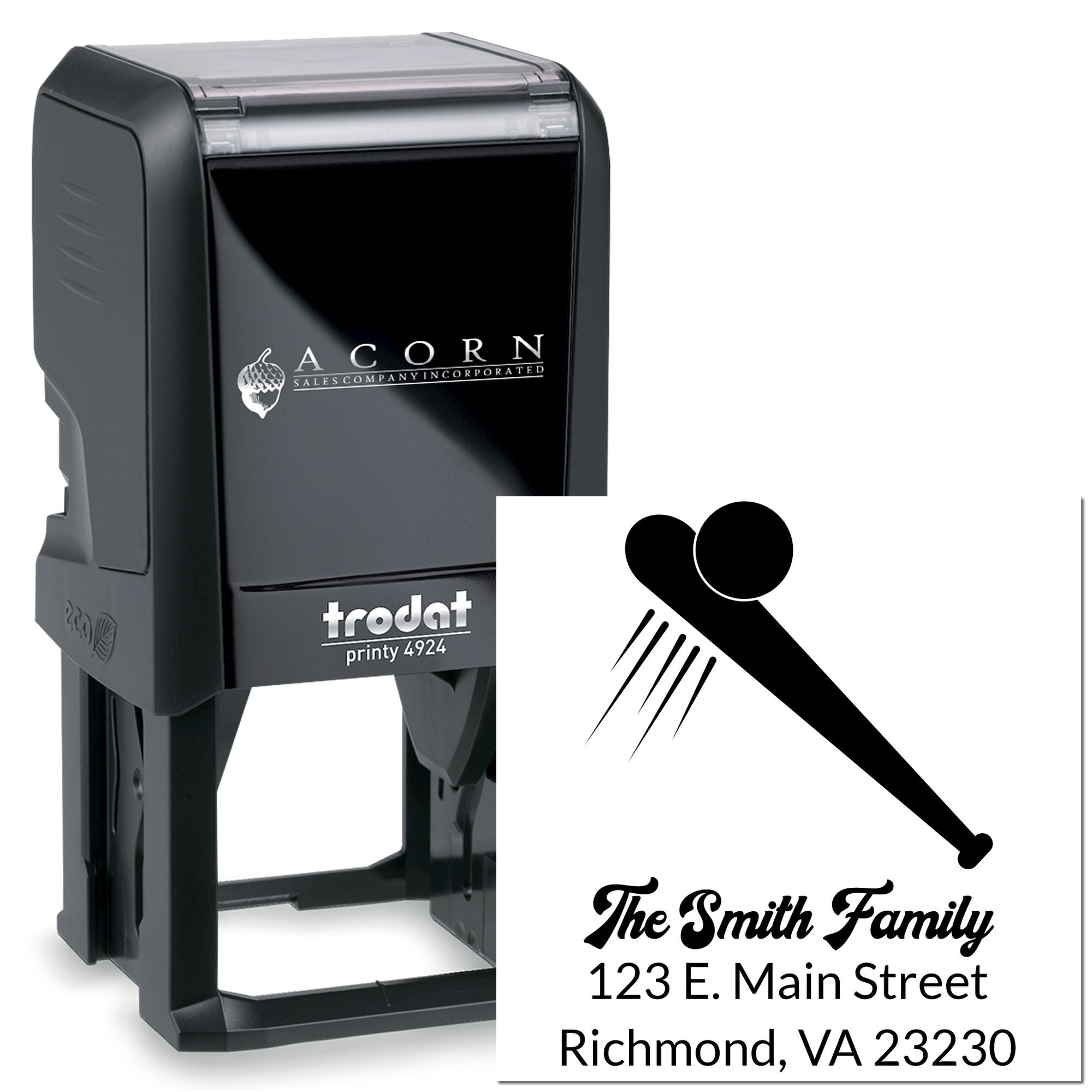 Custom Trodat Printy 4924 self-inking rubber stamp with family name and address for return mail labeling and home use