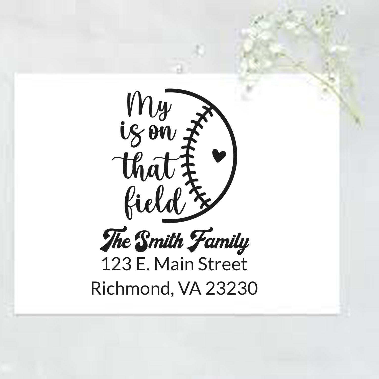 Custom baseball return address rubber stamp for The Smith Family with personalized home address and sports-themed design.