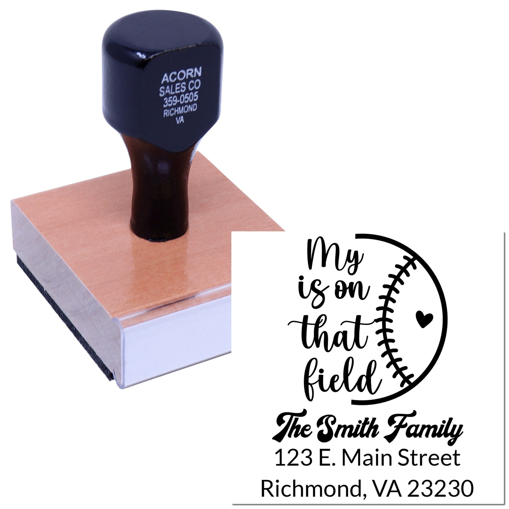 Custom baseball-themed self-inking rubber stamp with family name and address for personalized return mail and fan gifts.