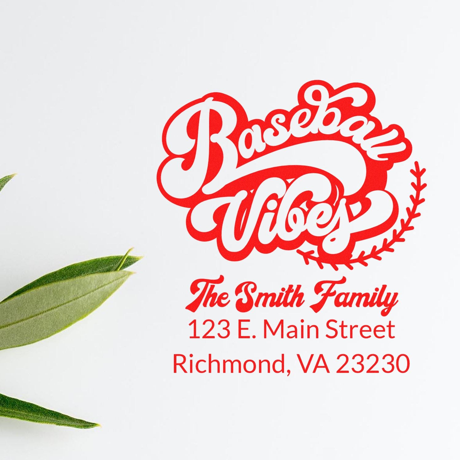 Personalized baseball family address stamp for The Smith Family, Richmond, VA, for custom mail and cards.