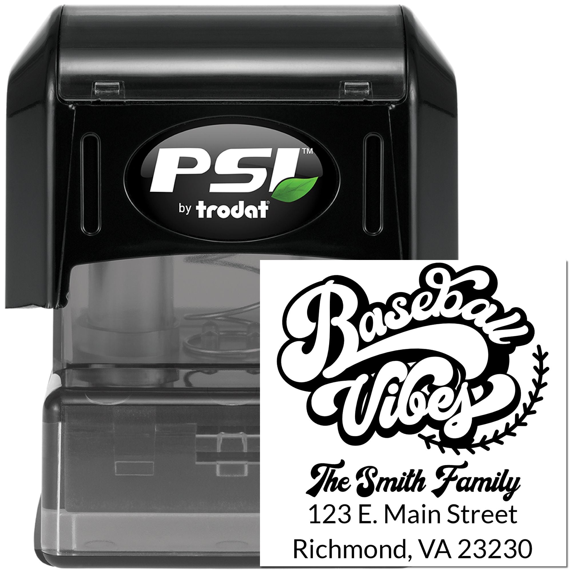 Custom self-inking rubber address stamp by PSI Trodat with Baseball Vibes family return address for mail and packaging.