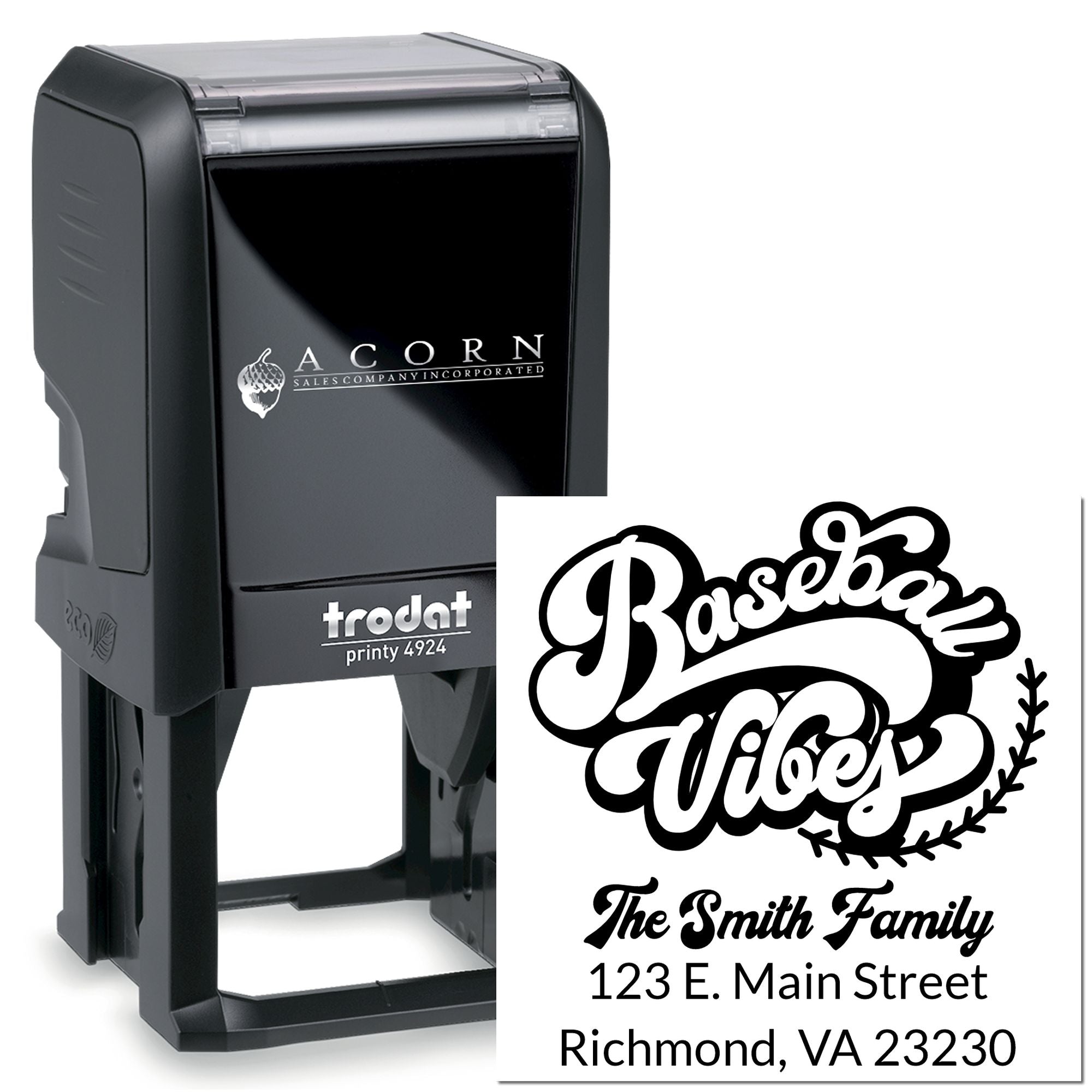 Trodat self-inking rubber stamp with custom Baseball Vibes family return address design and Richmond, VA address.