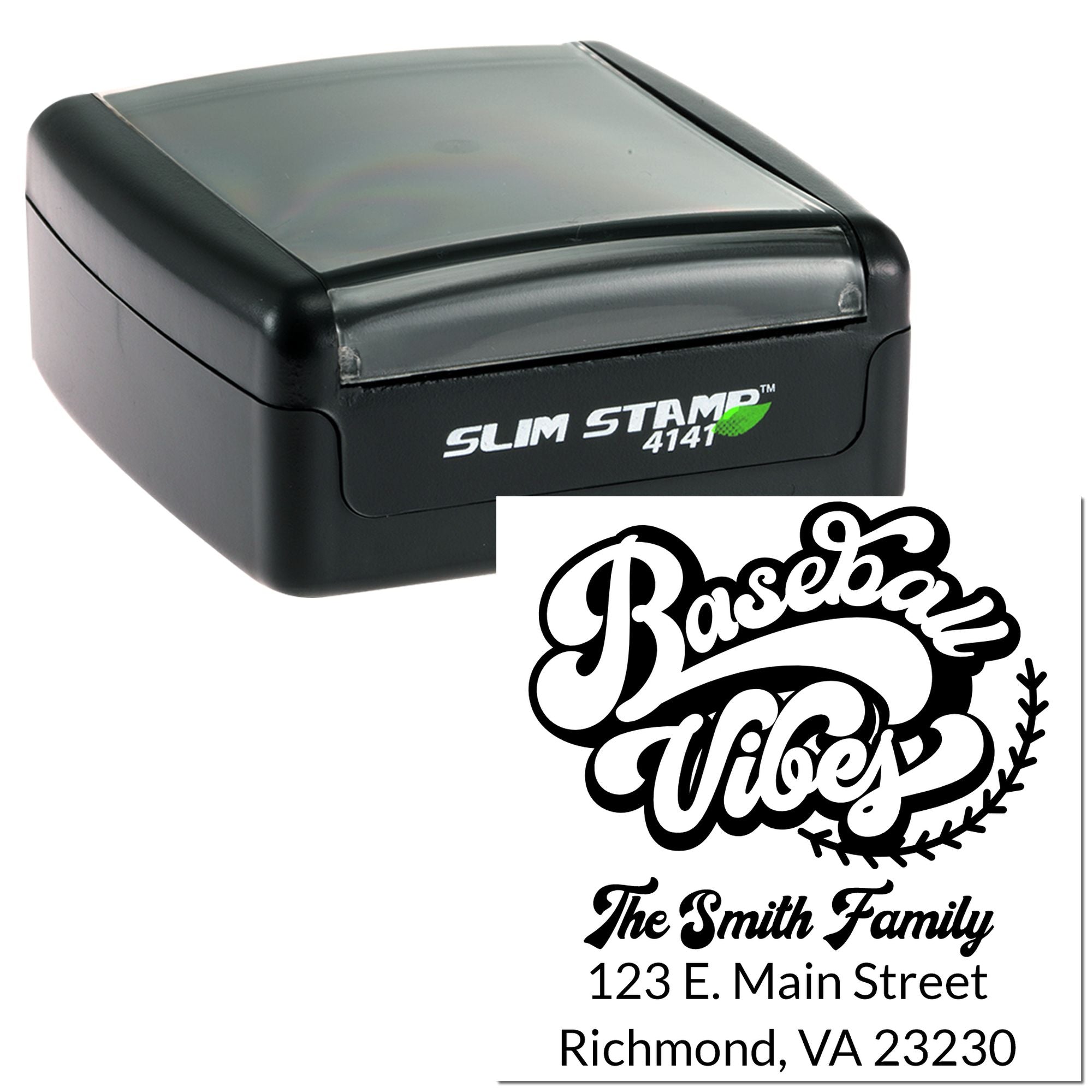 Custom self-inking address stamp with baseball vibes design, featuring The Smith Family return address in Richmond, VA.
