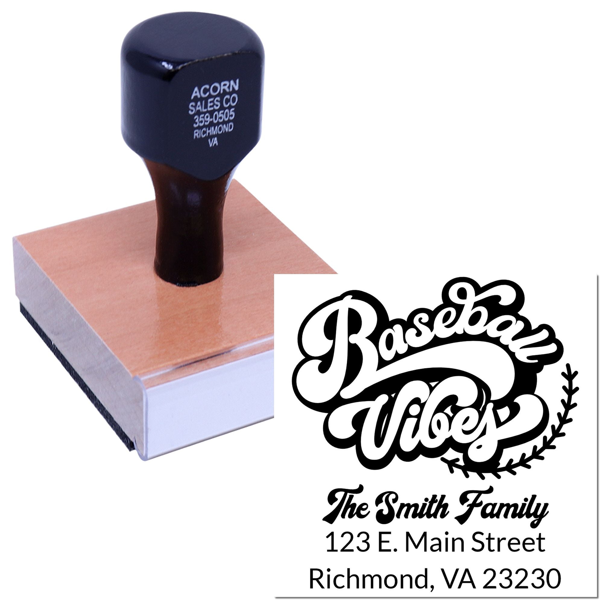 Custom family address rubber stamp with baseball-themed logo and Richmond, VA return address for personalized mail.