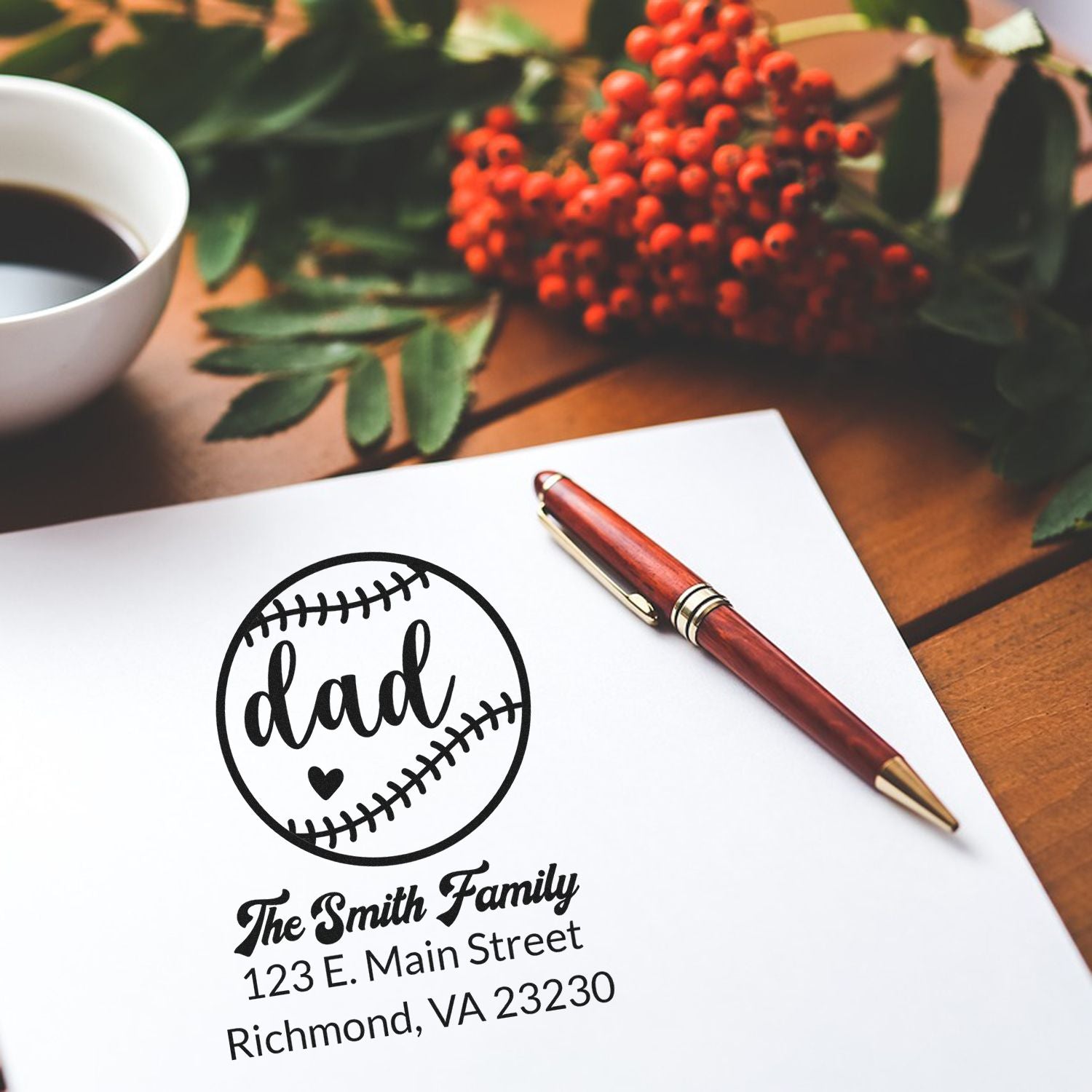 Custom dad baseball rubber stamp for stationery, featuring family name and address.