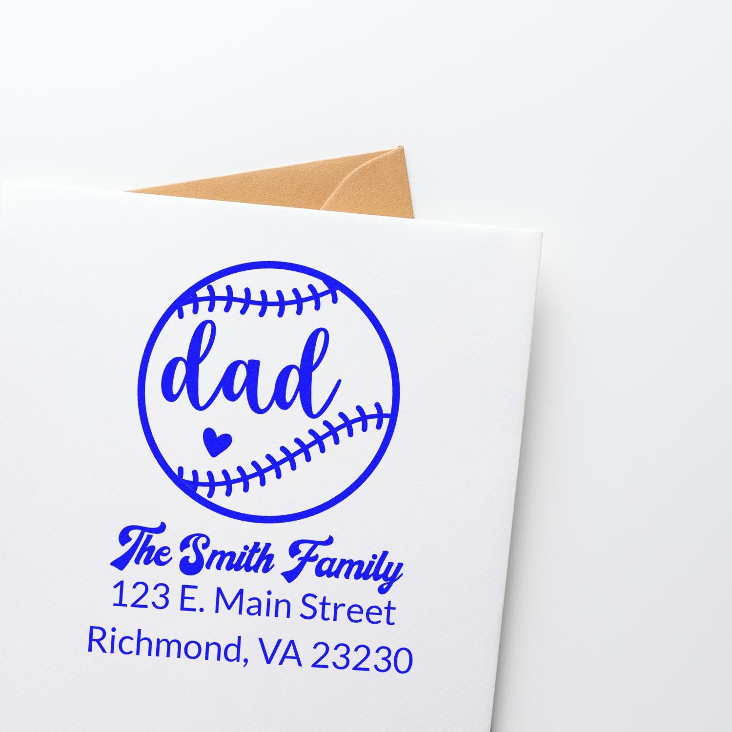 Custom baseball dad rubber stamp with Smith family name and address for personalized envelopes and cards.