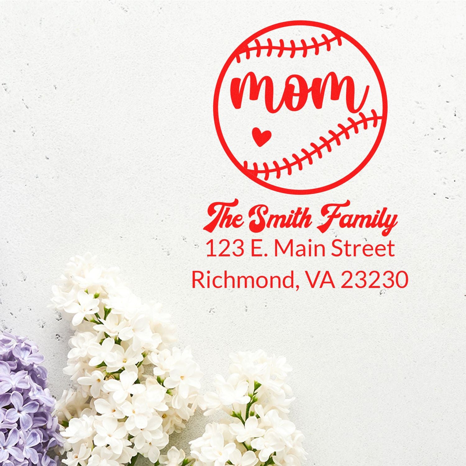 Custom baseball mom return address rubber stamp with family name and Richmond, VA address for envelopes.