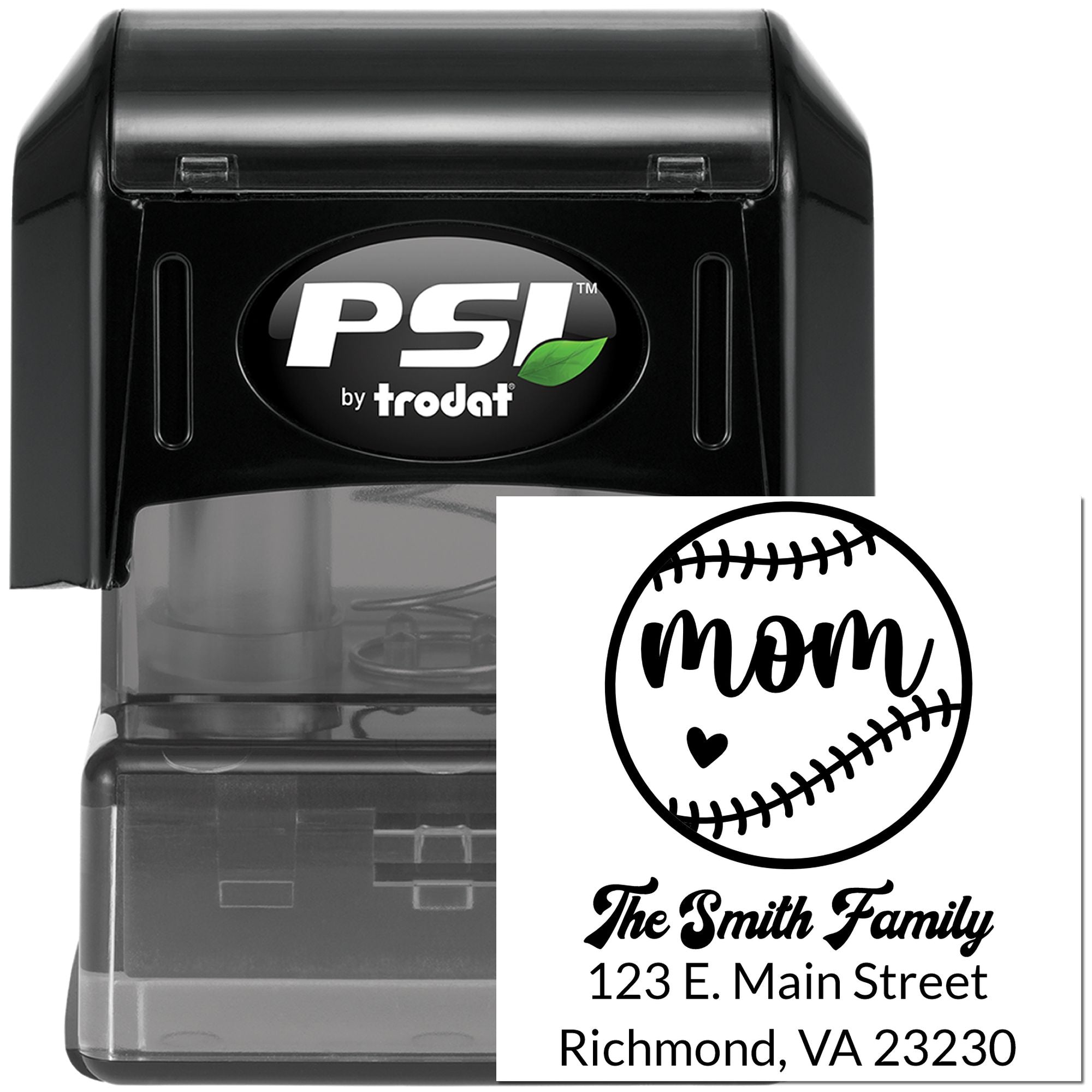 PSI by Trodat self-inking rubber stamp with custom baseball mom return address design for family mailings