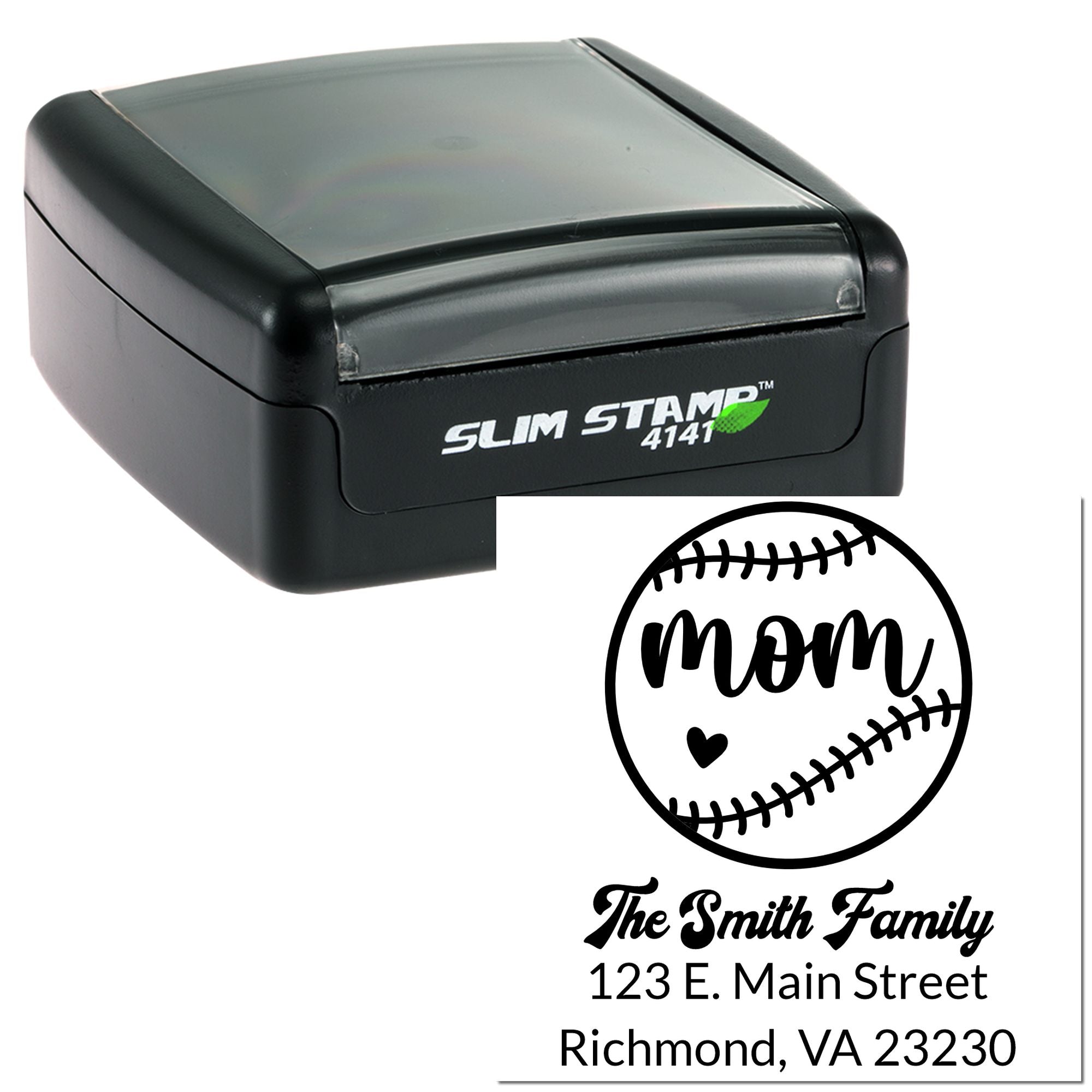 Slim Stamp 4141 self-inking rubber stamp featuring a custom Mom baseball return address design with family name and address.