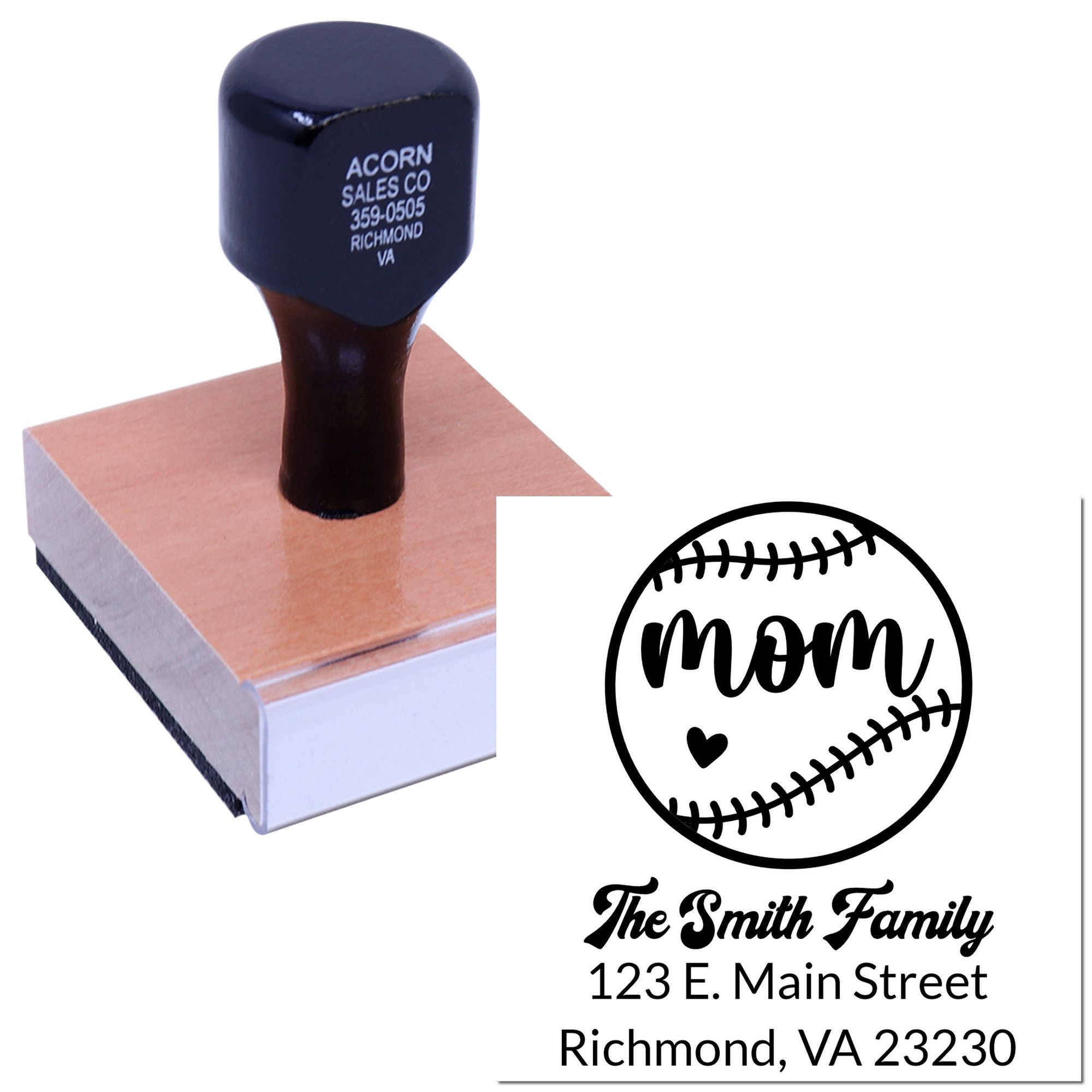 Custom baseball mom rubber stamp with family name and address for personalized return address stamping.
