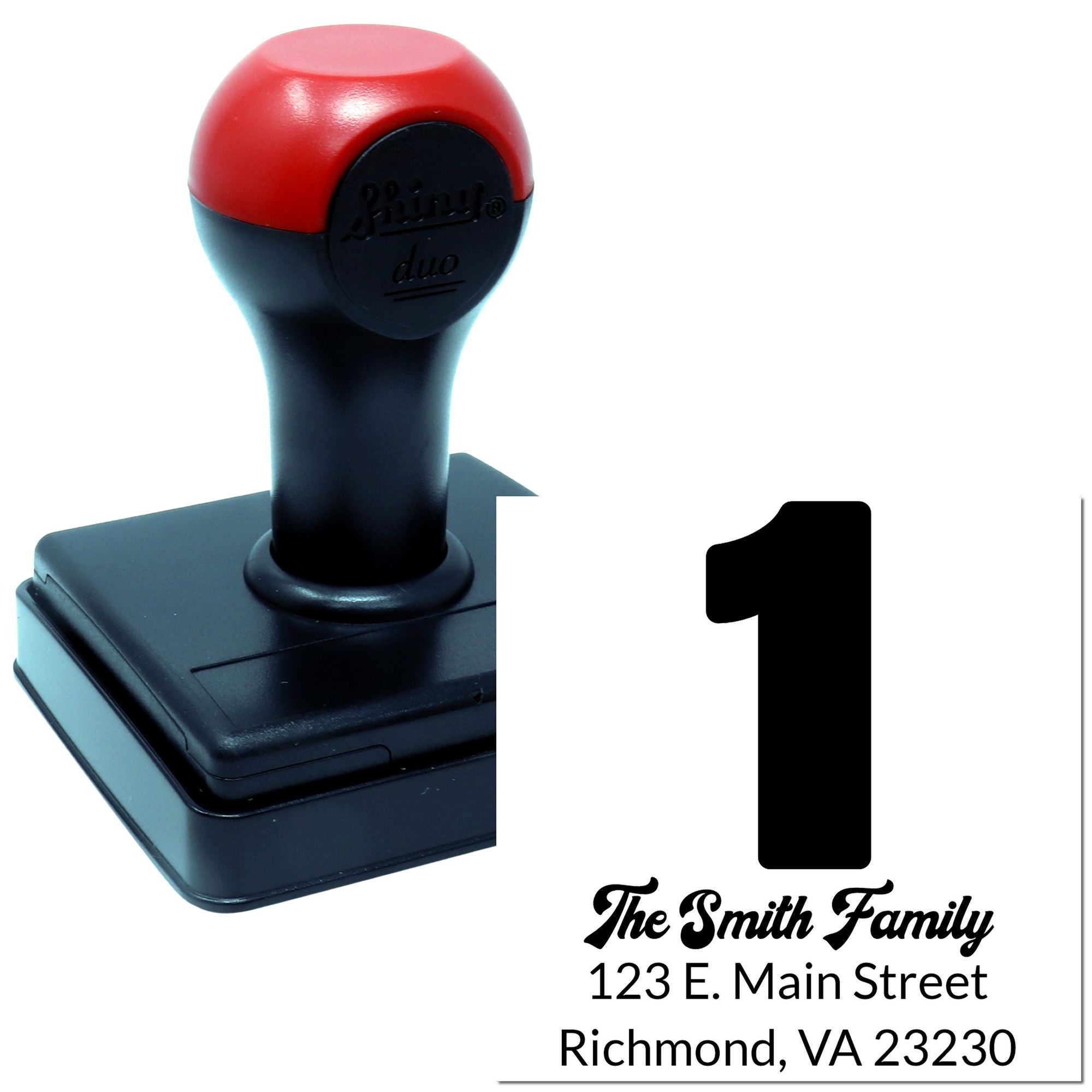 Custom self-inking family address rubber stamp with The Smith Family and Richmond, VA return address.