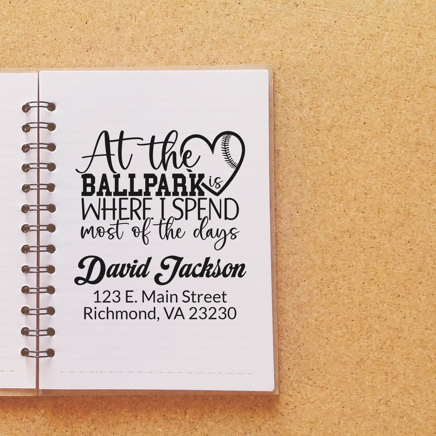 Custom baseball-themed return address rubber stamp with ballpark quote, personalized name and address.