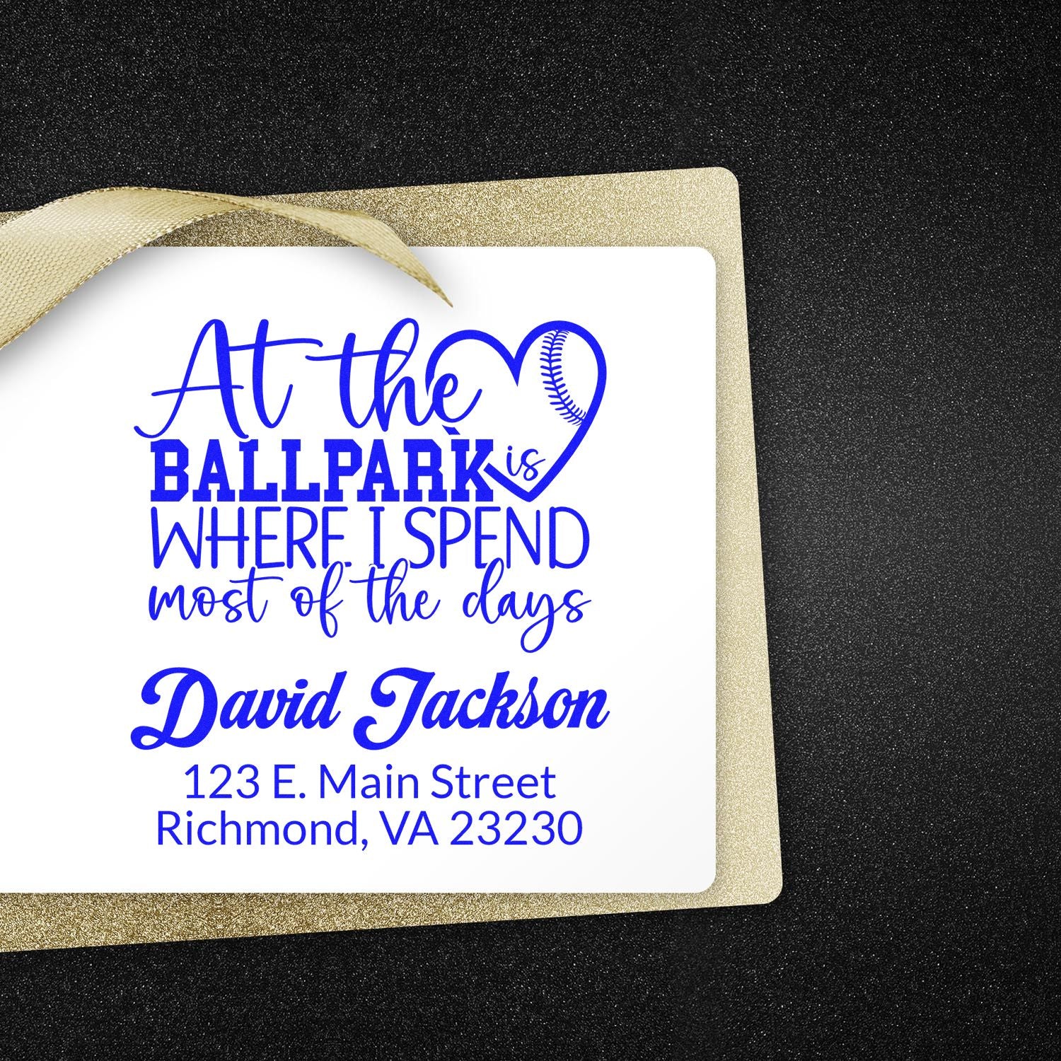 Personalized baseball-themed return address stamp with At the ballpark quote for David Jackson, Richmond, VA.