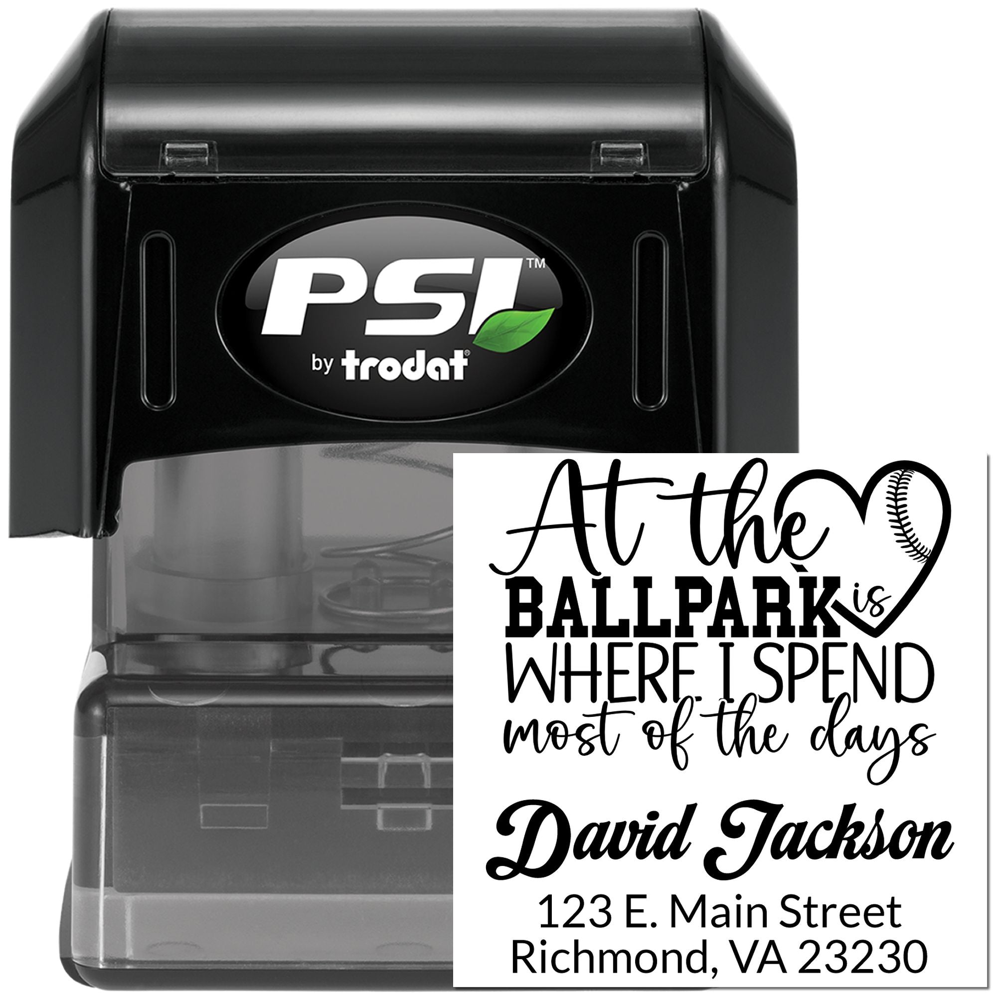 PSI by Trodat custom self-inking baseball return address rubber stamp with personalized name and Richmond, VA details