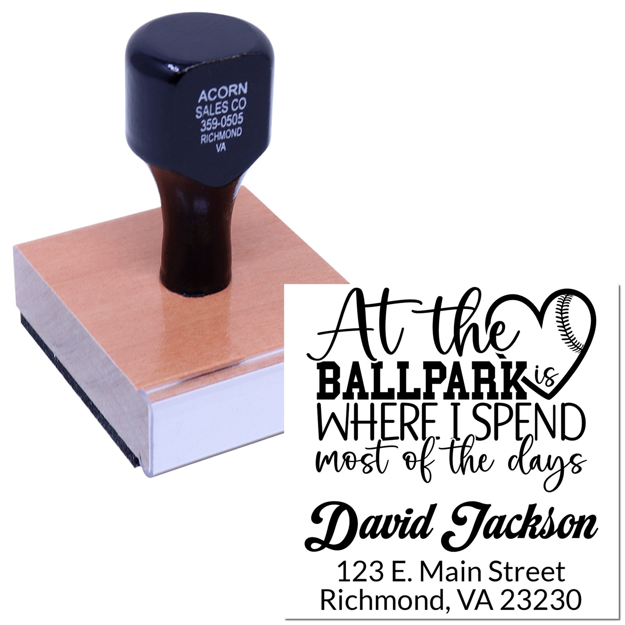Custom baseball-themed return address rubber stamp with personalized name and Richmond, VA address.