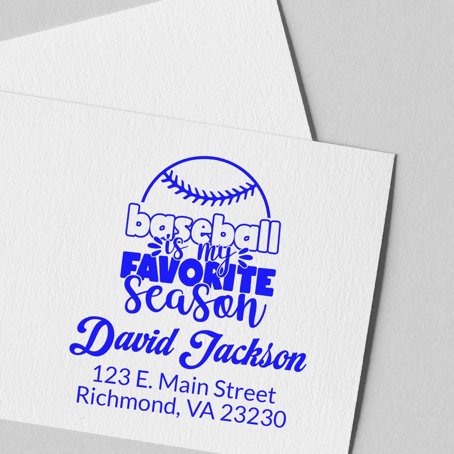 Personalized baseball-themed return address rubber stamp with Baseball Is My Favorite Season and Richmond, VA address.