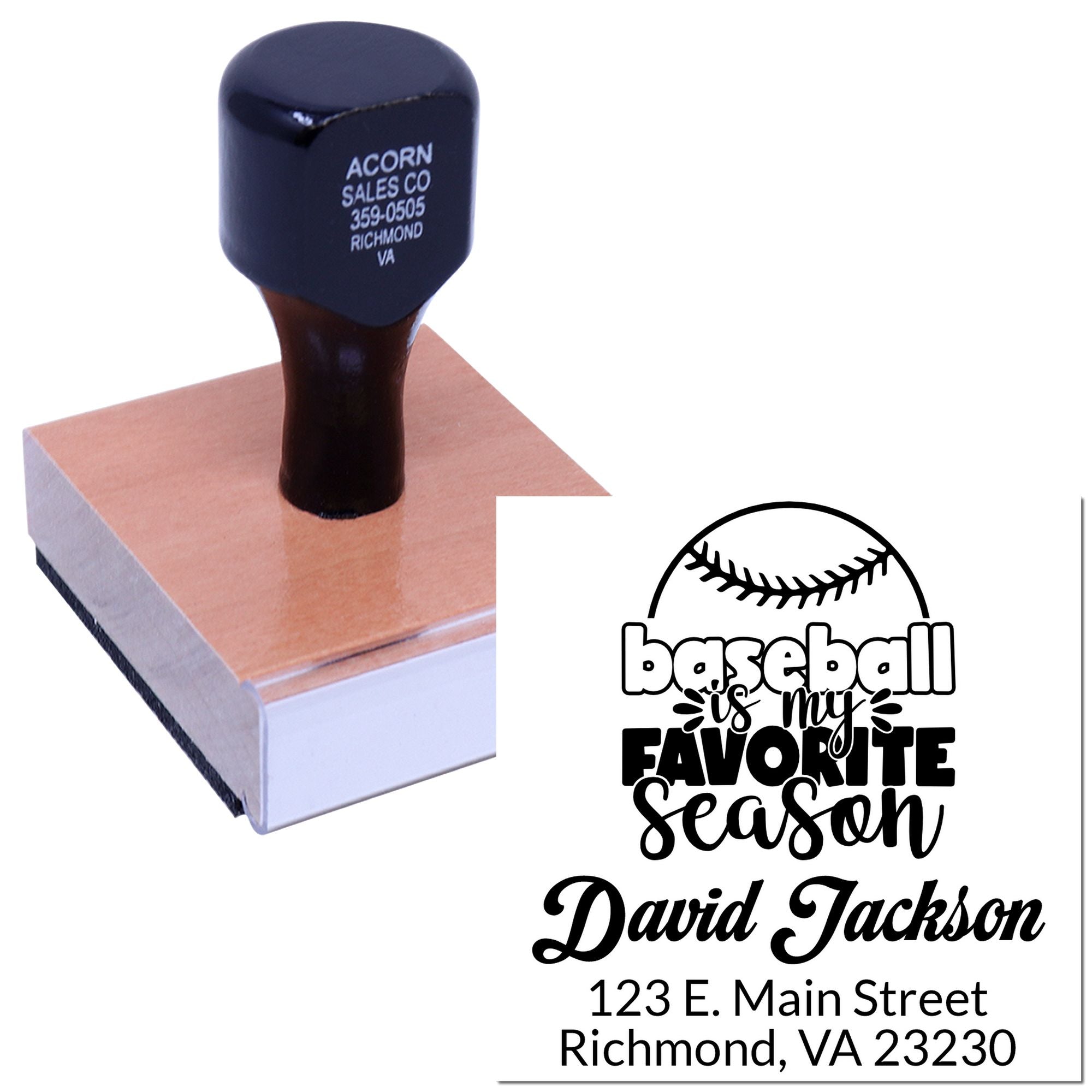 Custom baseball return address rubber stamp with personalized name and Richmond, VA mailing address.