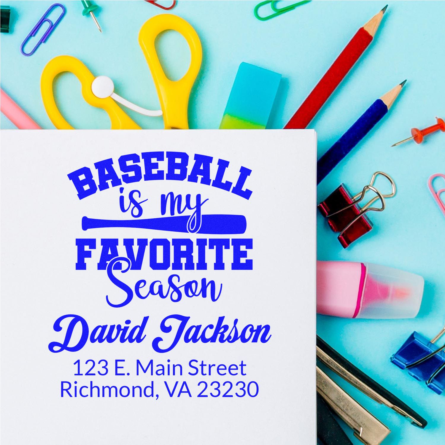 Custom baseball is my favorite season rubber stamp with name and address for personalized stationery and fan mail.