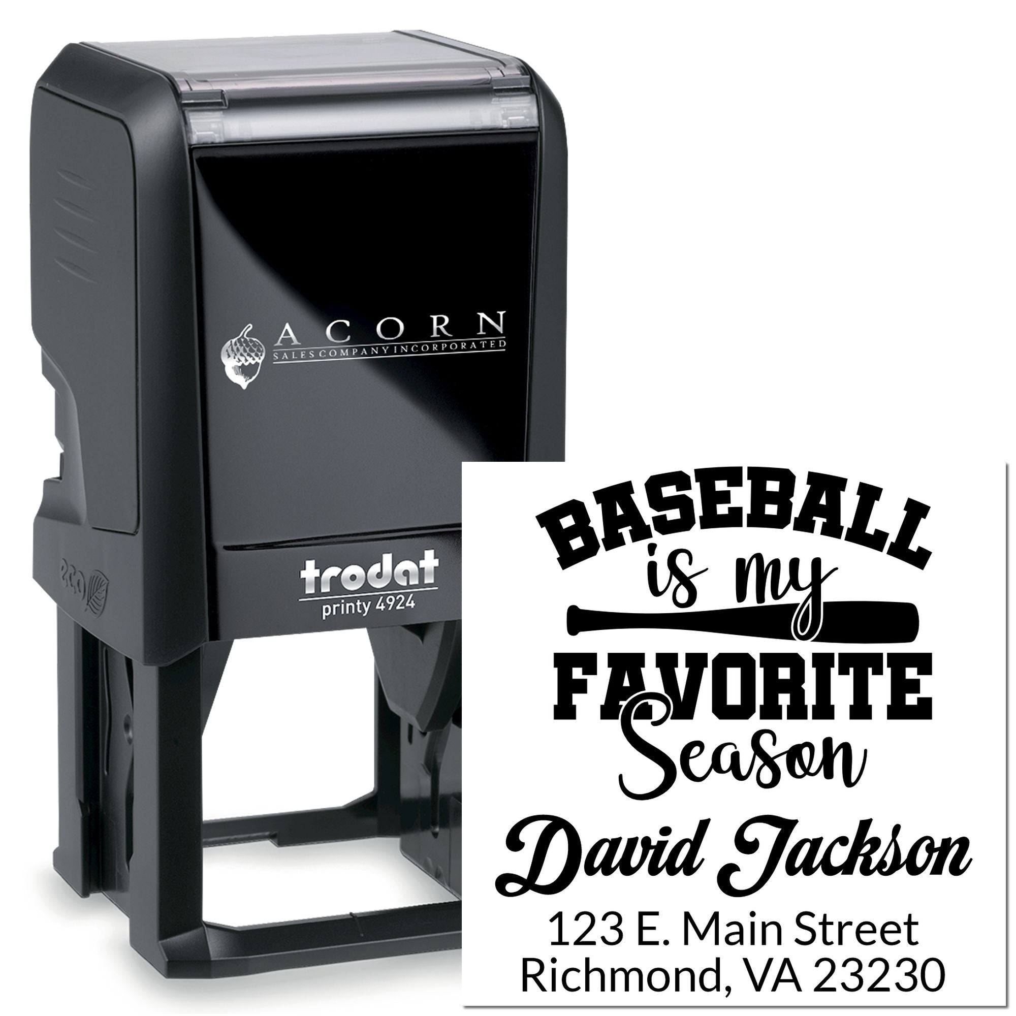 Custom baseball self-inking rubber stamp with personalized name and address for sports-themed mailing and crafting.