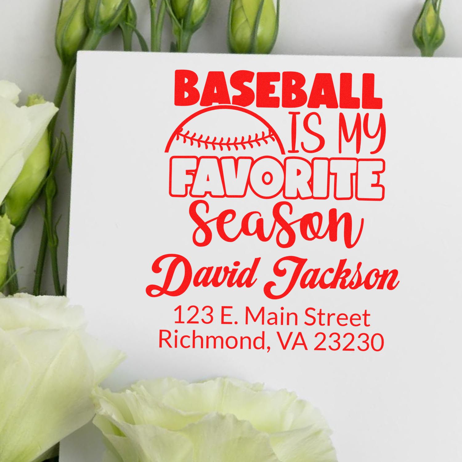 Custom baseball return address rubber stamp with Baseball Is My Favorite Season and personalized name and address.