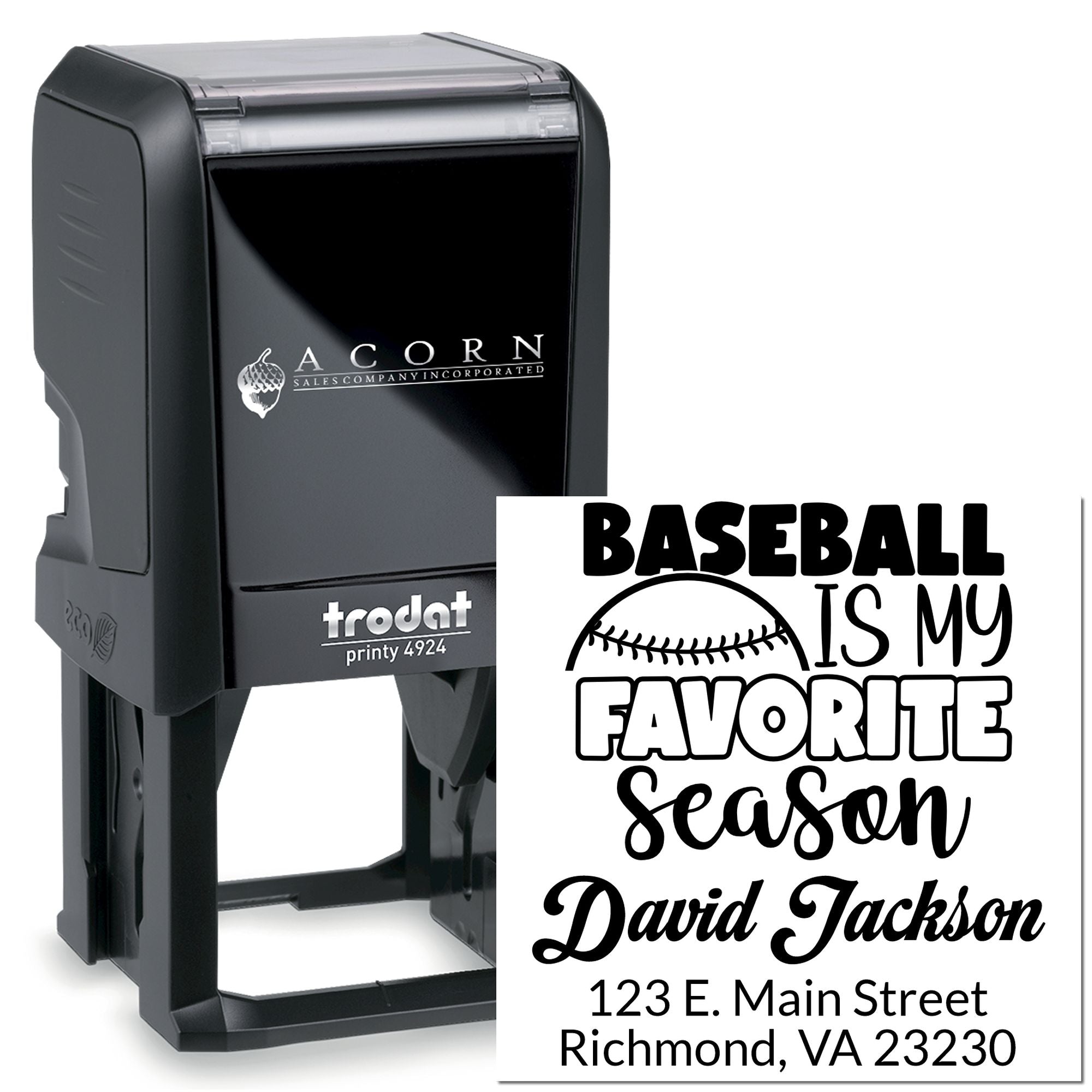 Custom self-inking rubber stamp with baseball is my favorite season design, personalized with name and address.