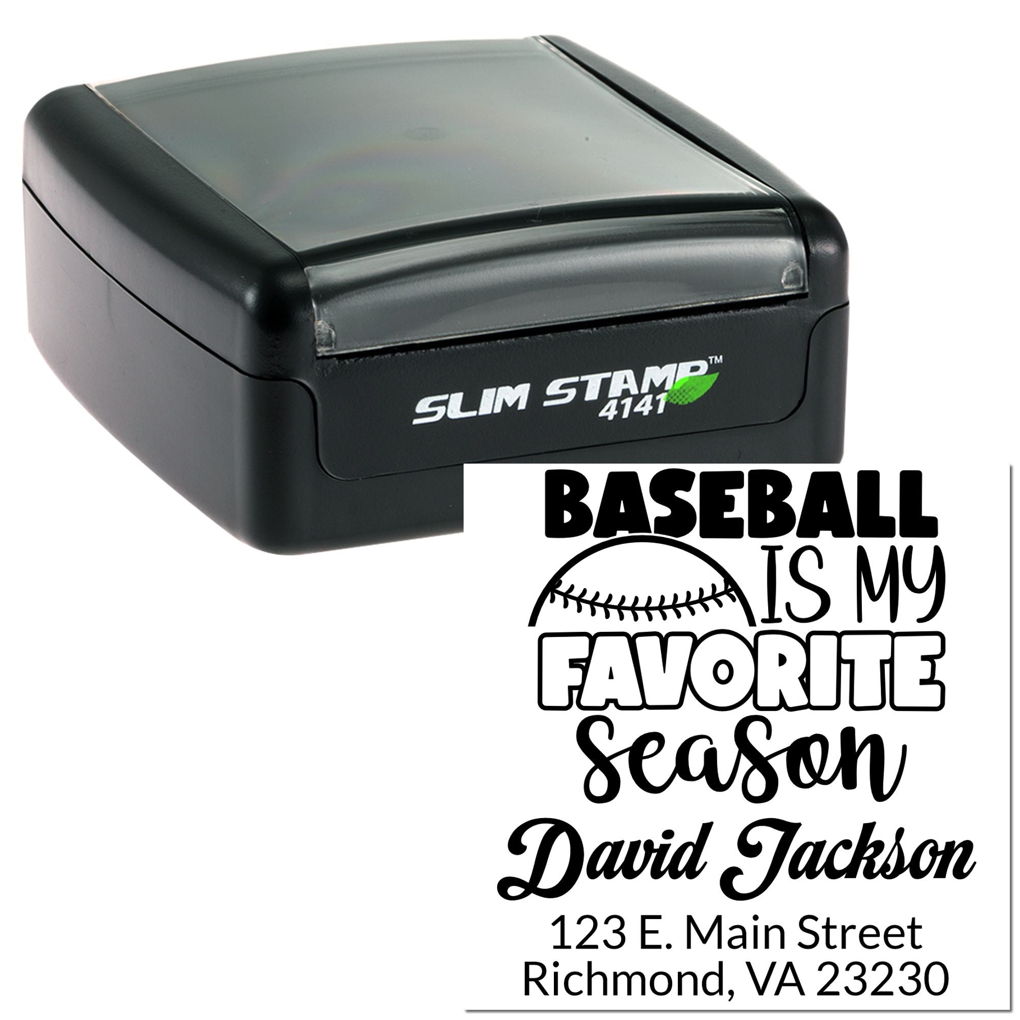 Self-inking rubber stamp with custom baseball-themed imprint reading Baseball Is My Favorite Season and name address details.