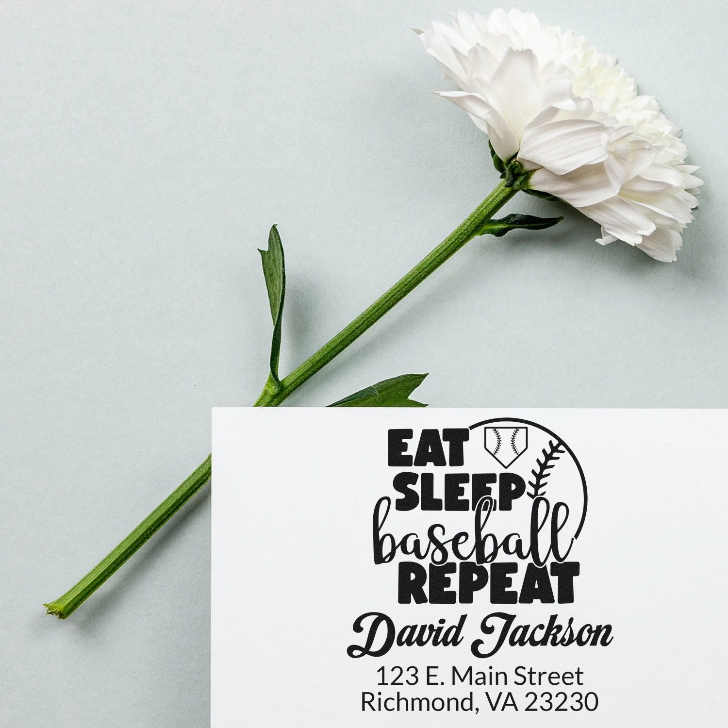 Custom baseball rubber stamp with Eat Sleep Baseball Repeat design and David Jackson return address on envelope.