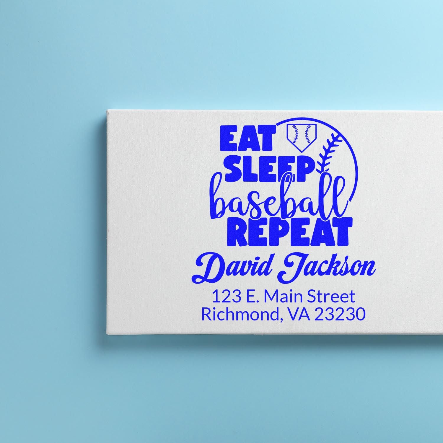 Custom baseball rubber stamp with Eat Sleep Baseball Repeat, David Jackson name, and Richmond, VA address.