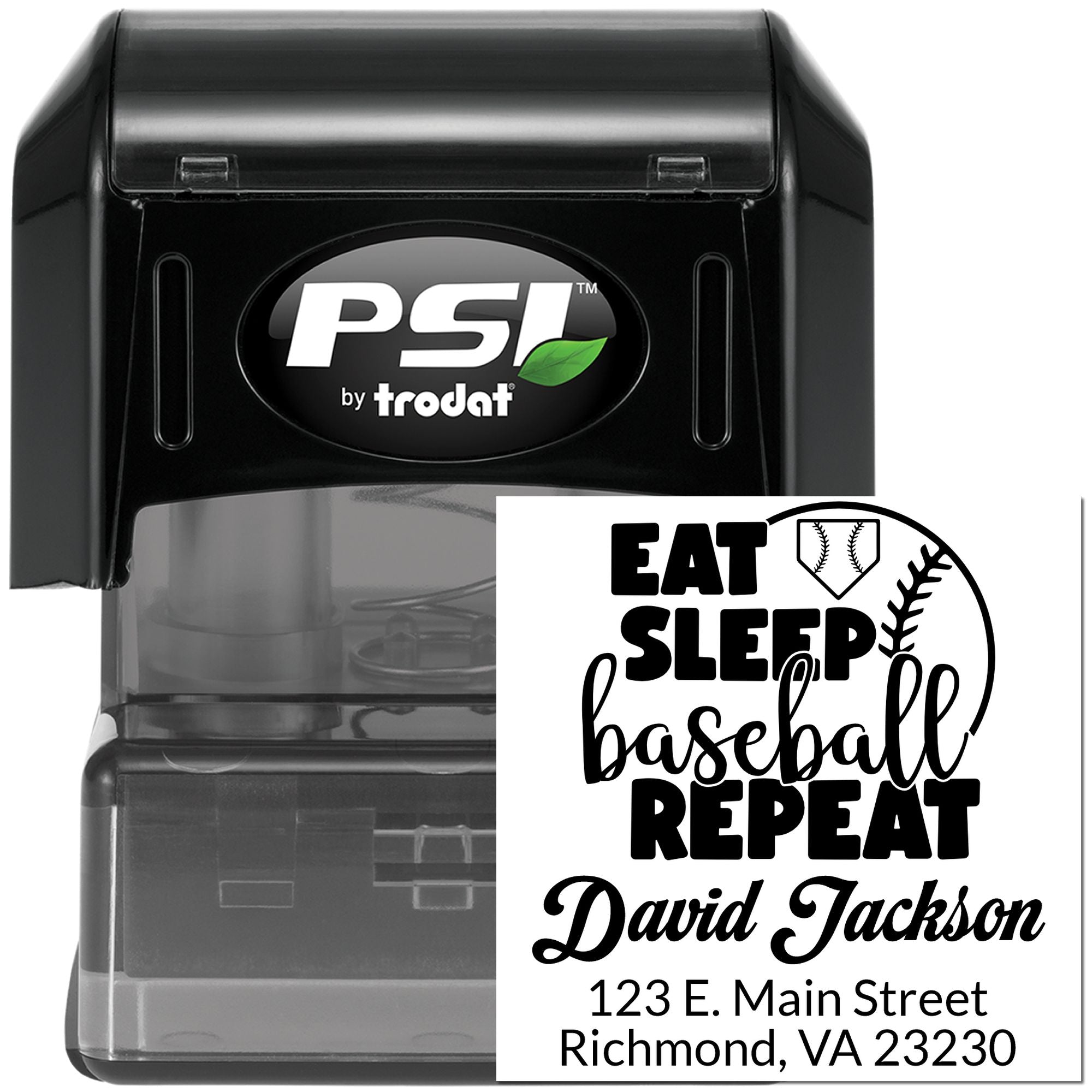 Custom self-inking baseball rubber stamp with Eat Sleep Baseball Repeat, name, and address for David Jackson.