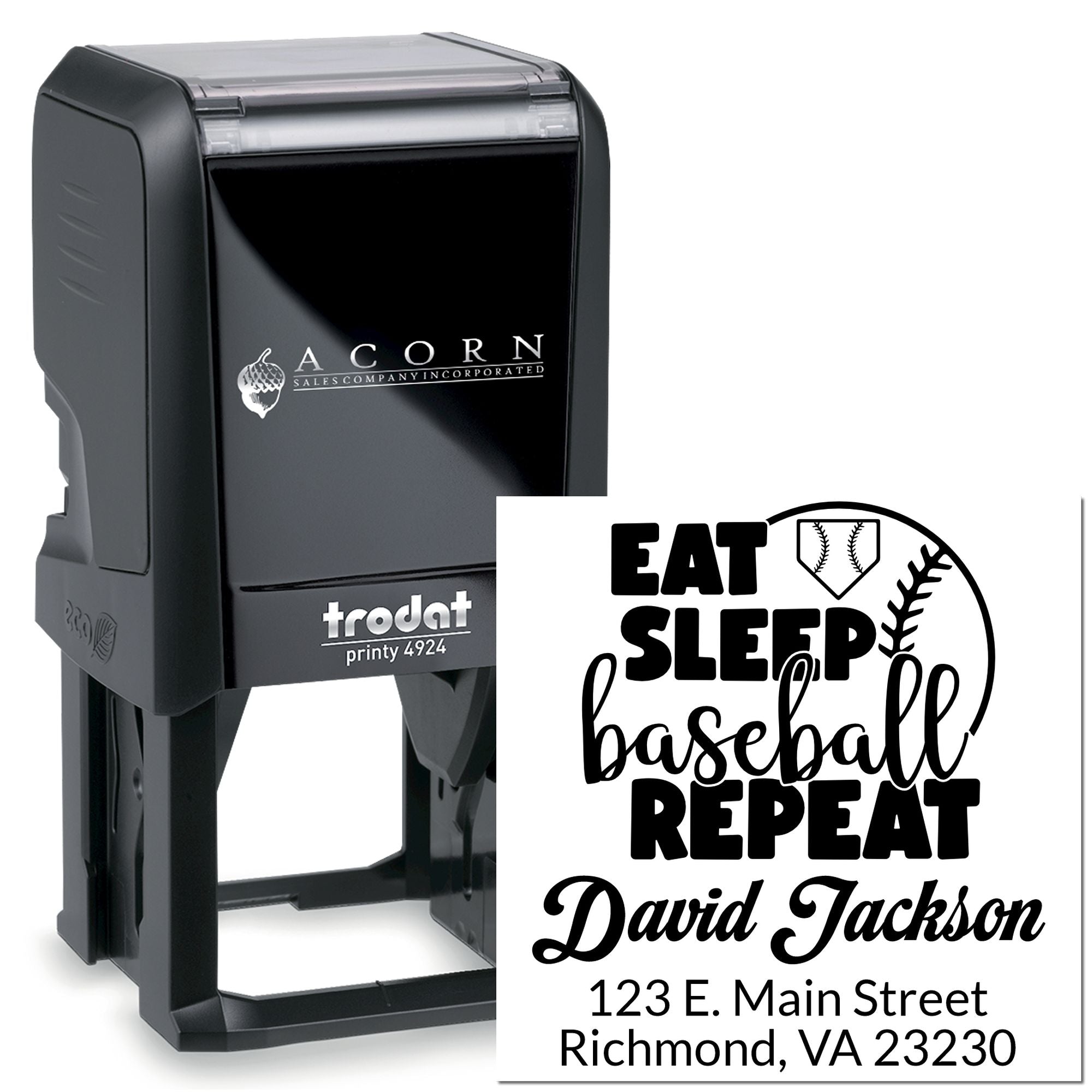 Trodat Printy 4924 self-inking custom rubber stamp with Eat Sleep Baseball Repeat design, name, and address.